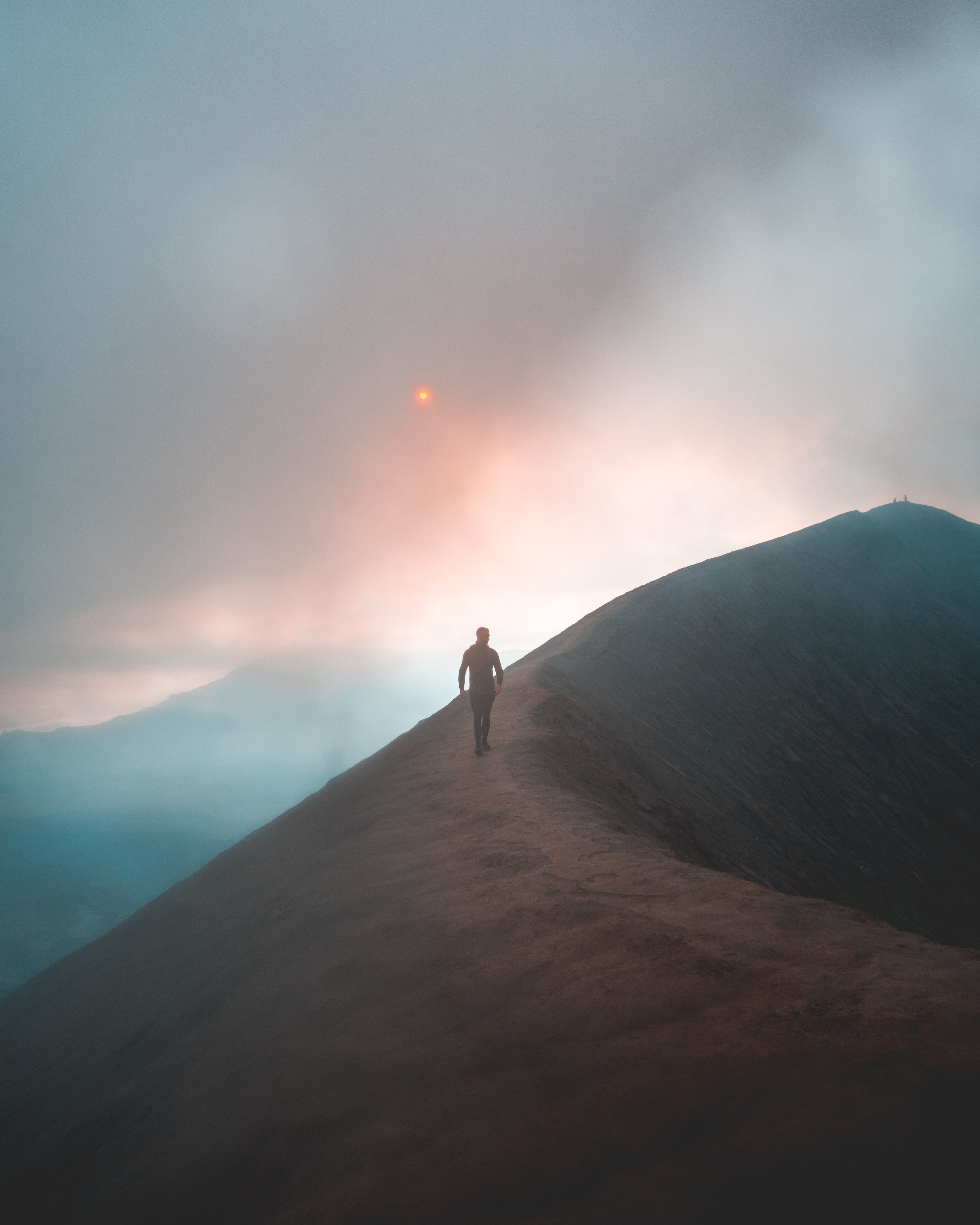 nature, sky, mountain, vertex, top, privacy, seclusion, fog, human, person, loneliness