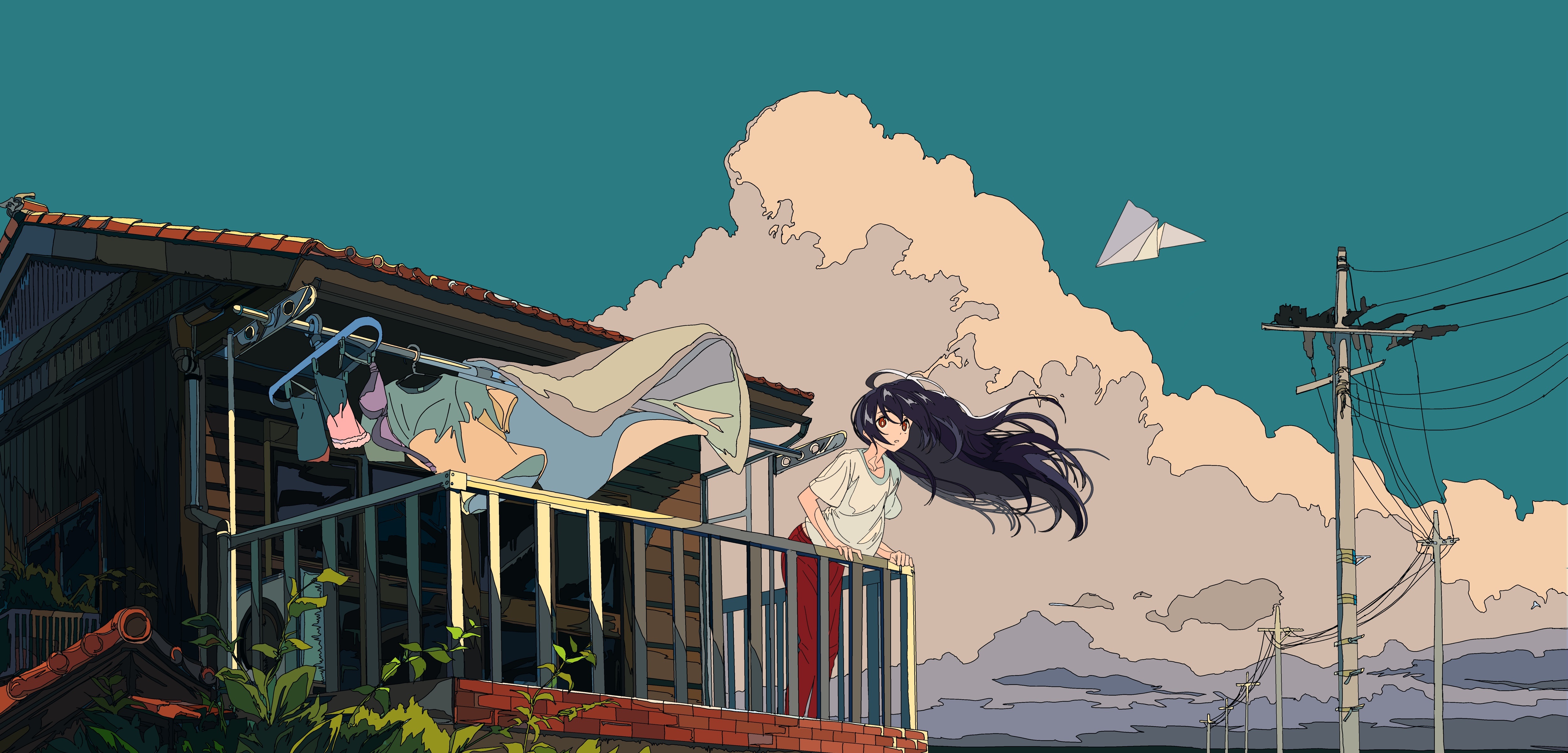 anime, original, blue hair, cloud, long hair, paper plane, telephone pole