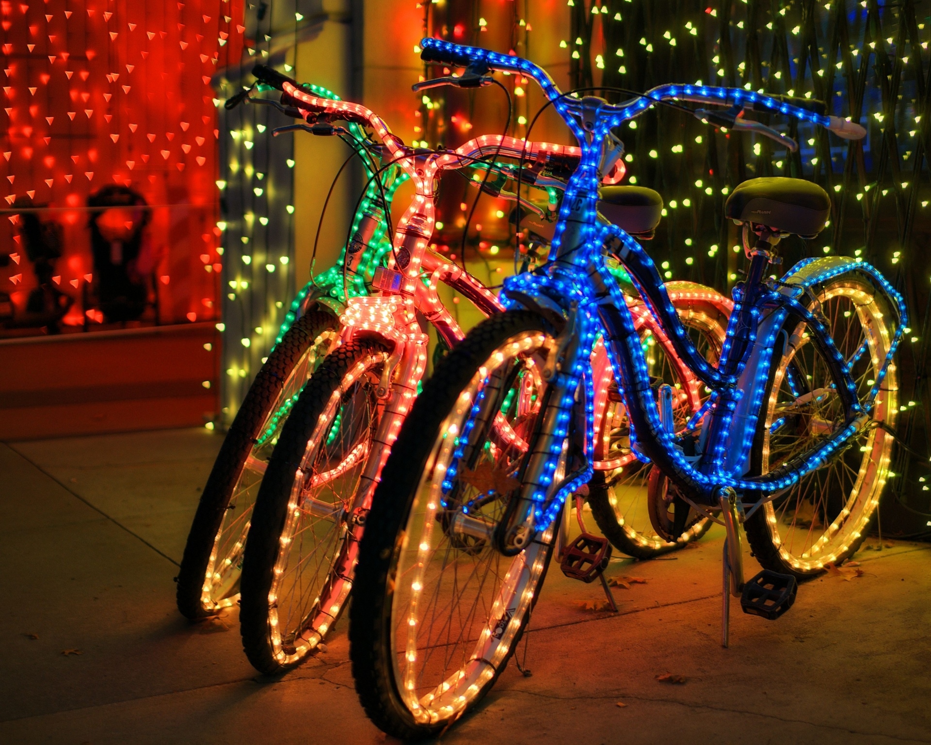 Download mobile wallpaper Christmas, Colors, Bicycle, Vehicles, Christmas Lights for free.