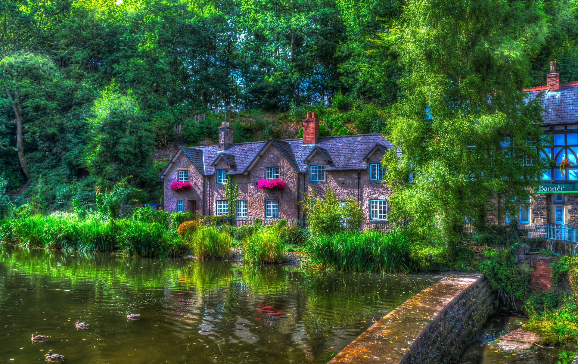 Download mobile wallpaper Tree, House, Hdr, Pond, Brick, Photography, England, Man Made for free.