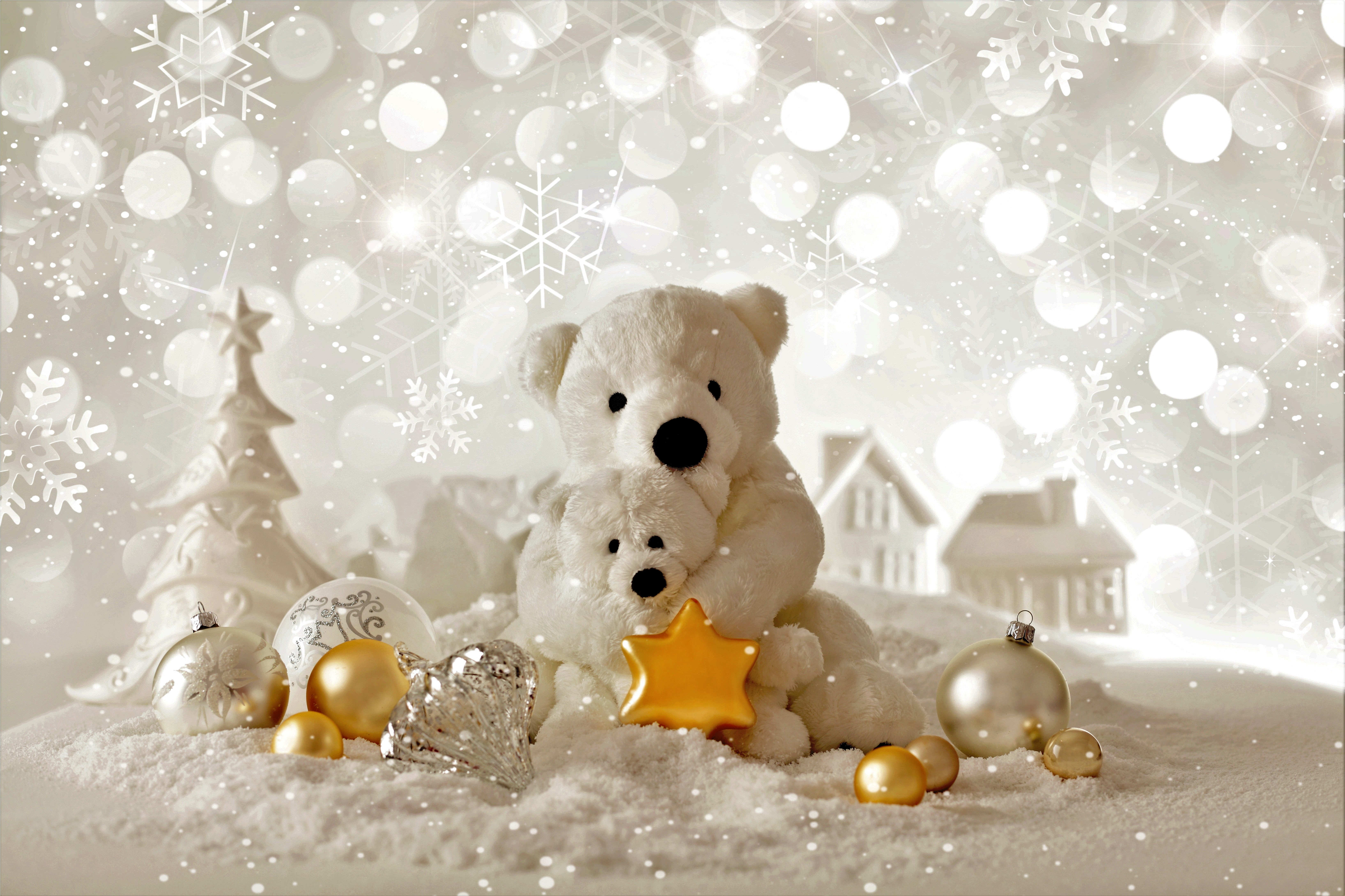 Handy-Wallpaper Feiertage, Schnee, Weihnachten, Teddybär, Weihnachtsschmuck, Weihnachtsbaum, Stern kostenlos herunterladen.