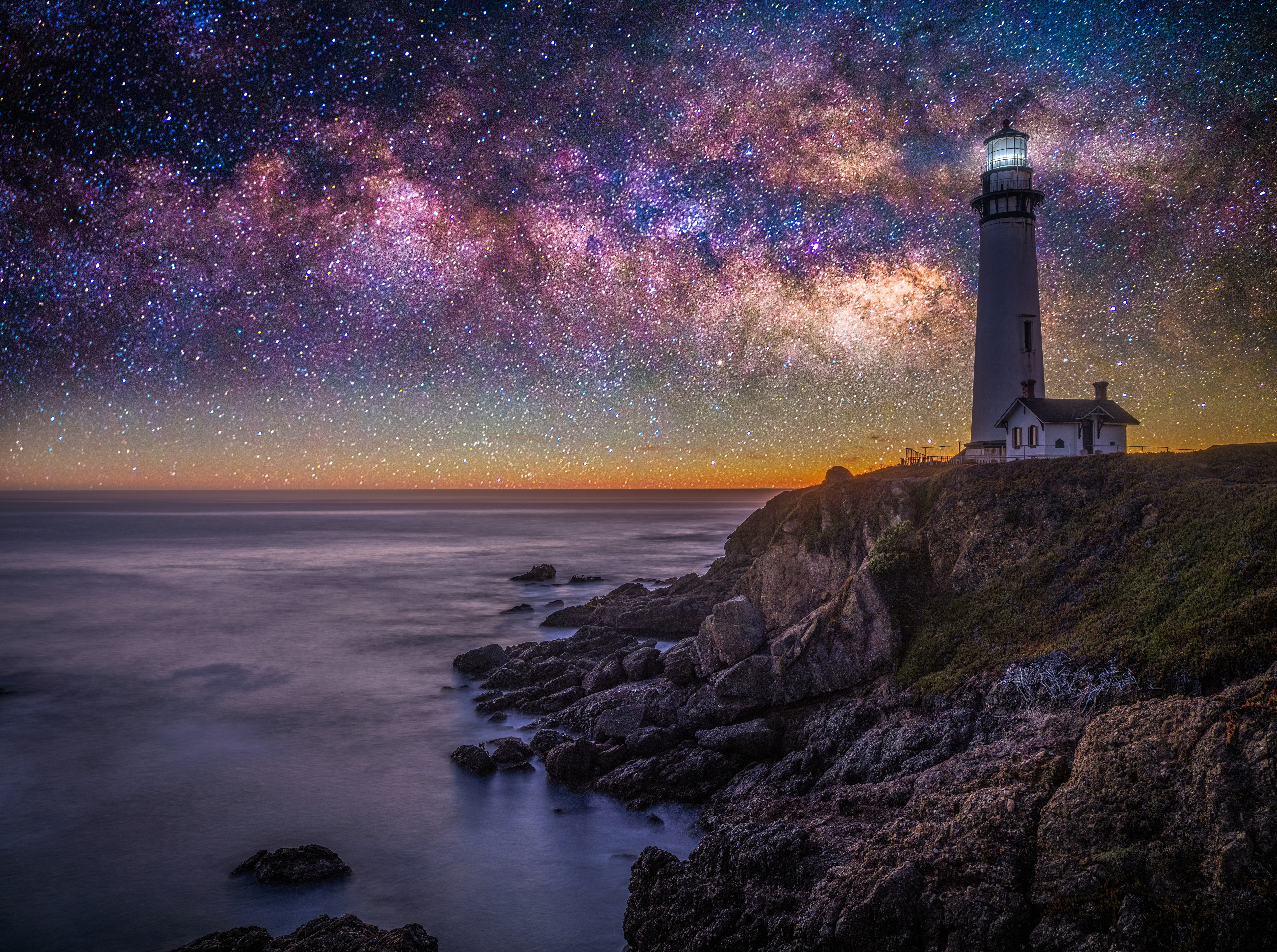 Laden Sie das Leuchtturm, Nacht, Menschengemacht, Sternenklarer Himmel-Bild kostenlos auf Ihren PC-Desktop herunter