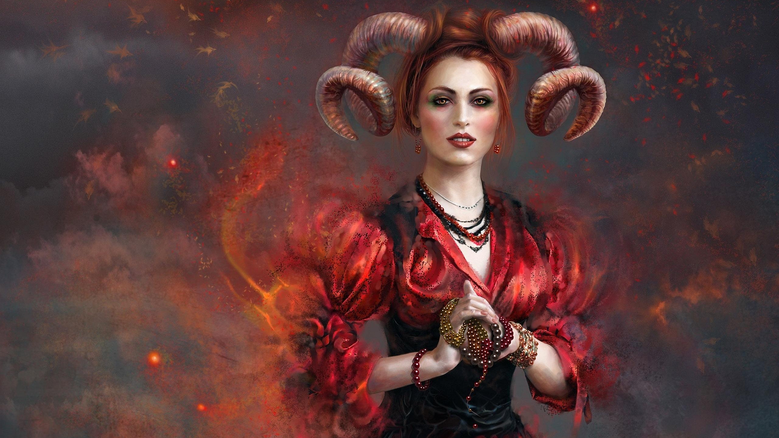 Download mobile wallpaper Fantasy, Redhead, Horns, Women for free.