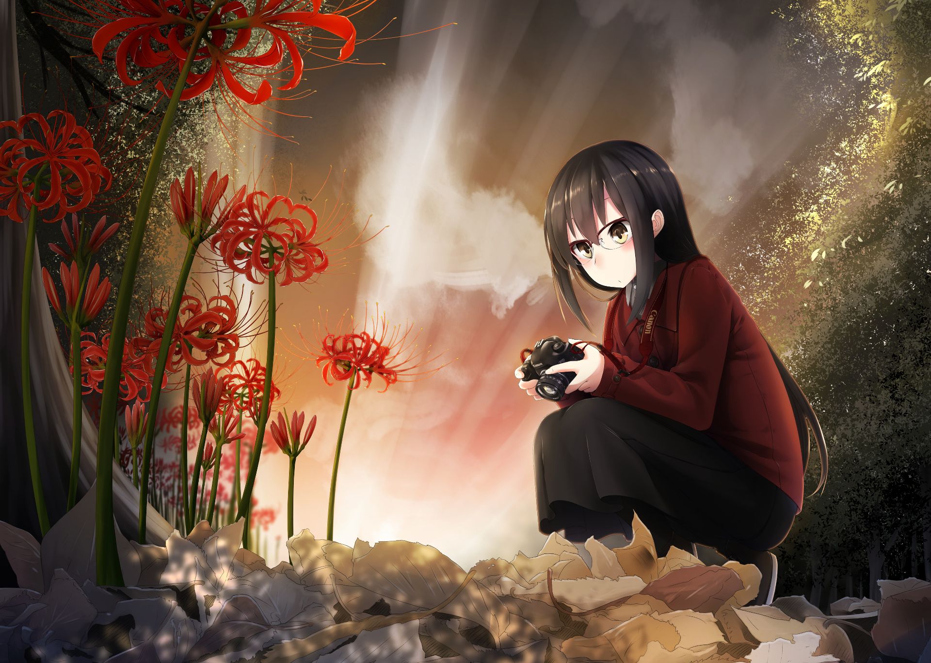 Laden Sie das Blume, Glas, Kamera, Original, Braune Augen, Animes-Bild kostenlos auf Ihren PC-Desktop herunter