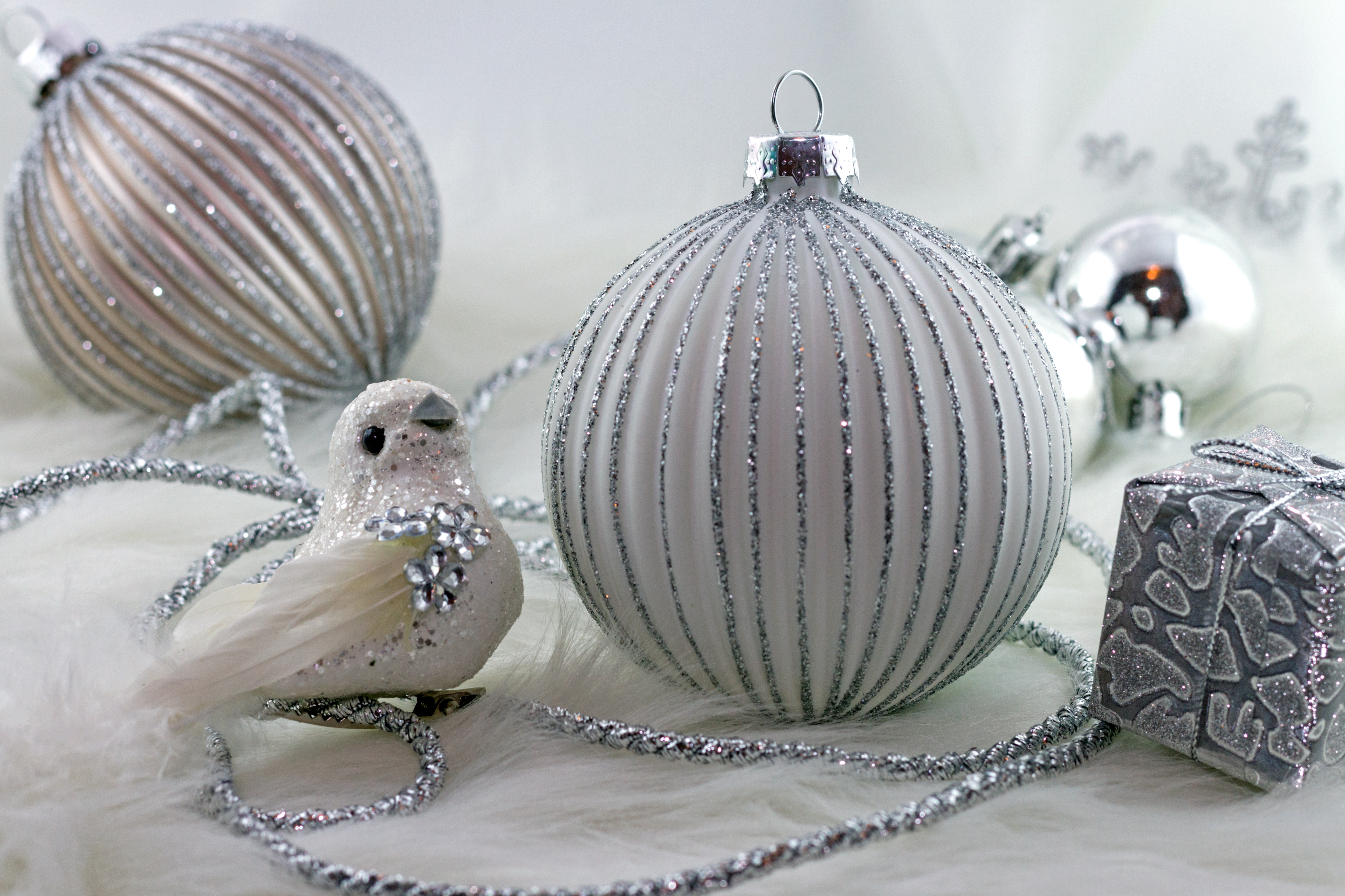 Download mobile wallpaper Christmas, Holiday, Gift, Dove, Silver, Christmas Ornaments, Bauble for free.