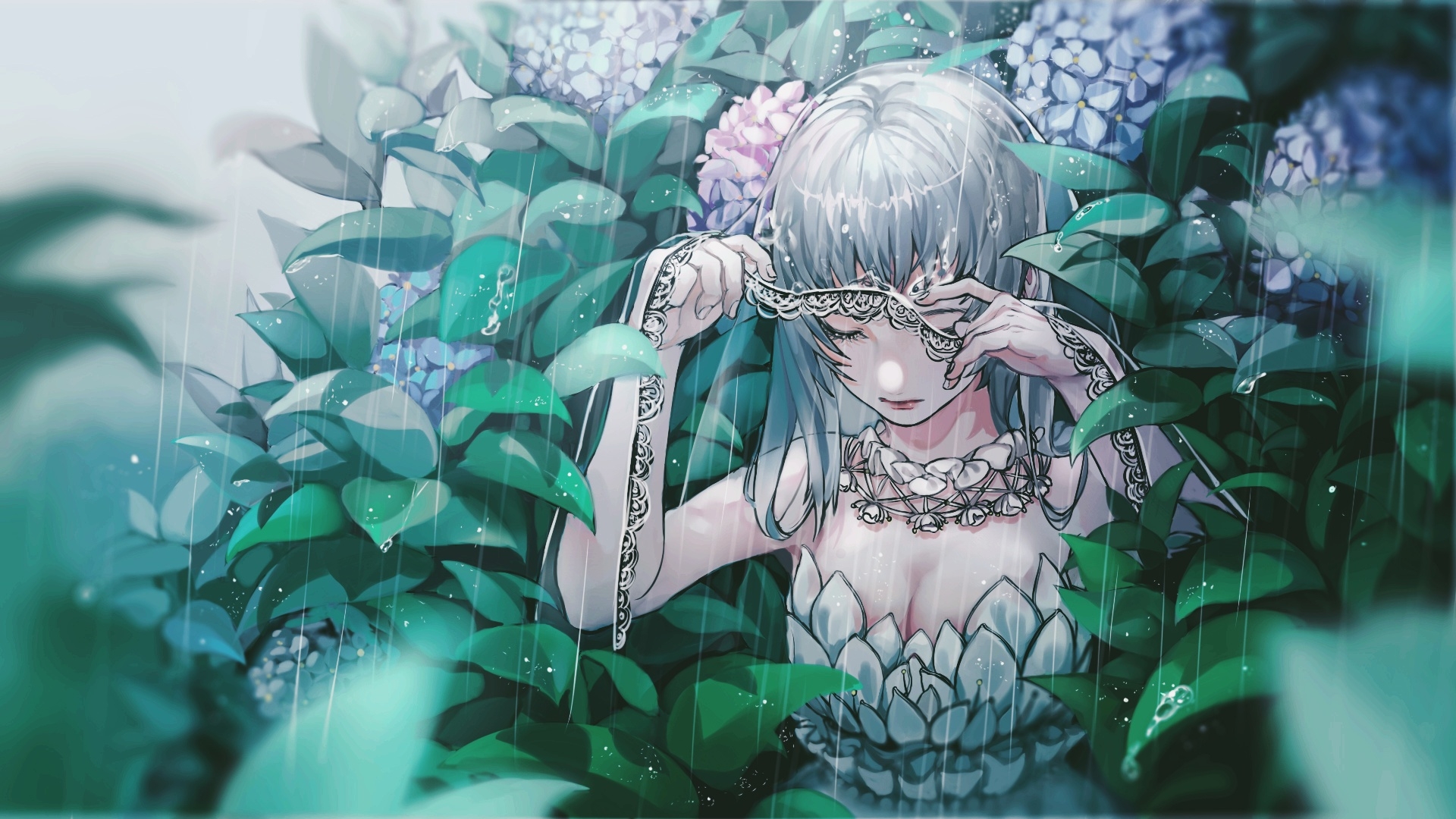 Download mobile wallpaper Anime, Rain, Flower, Veil, Original, Long Hair, Grey Hair for free.