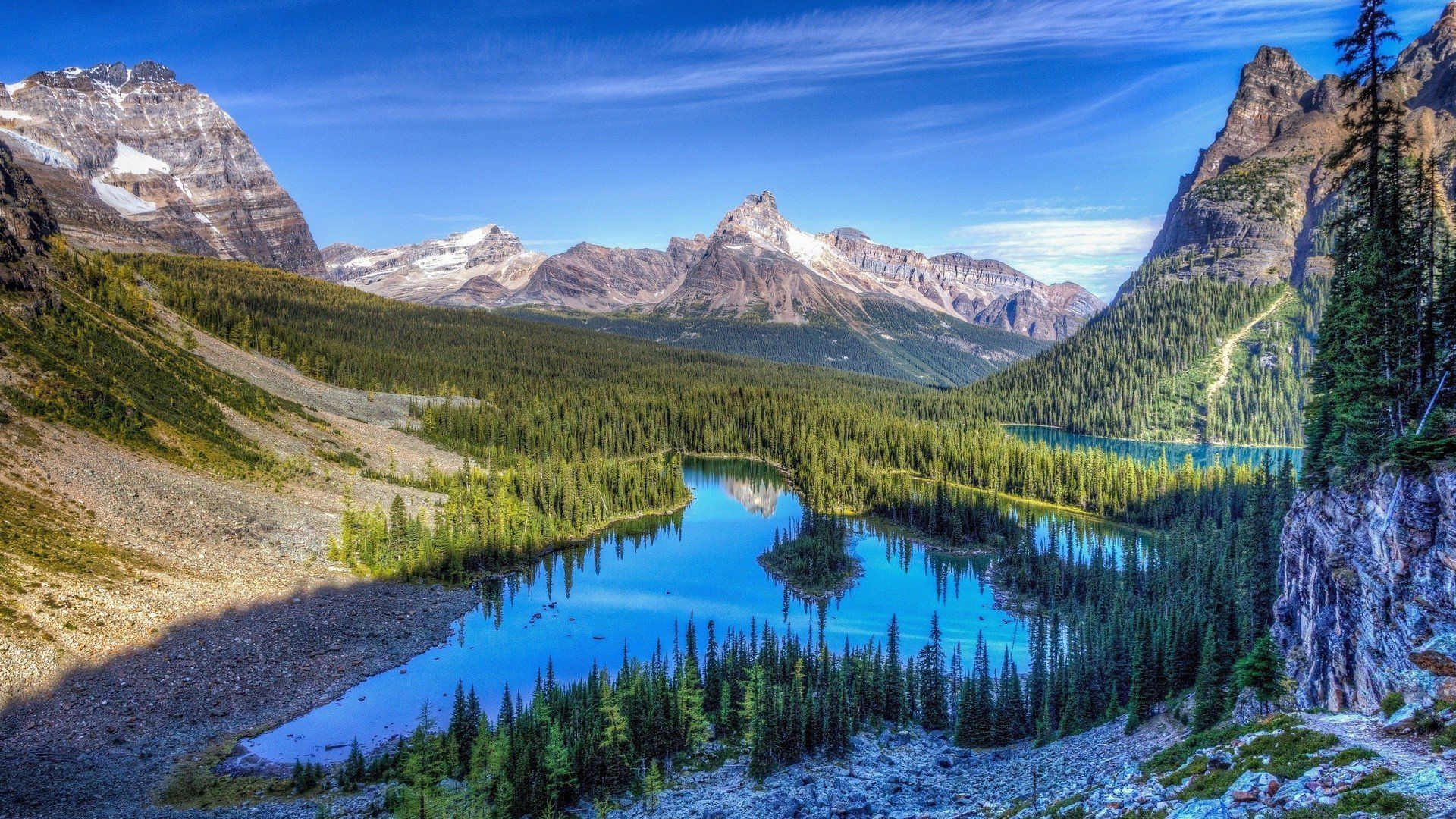PCデスクトップに自然, 木, 草, 山脈, 湖画像を無料でダウンロード