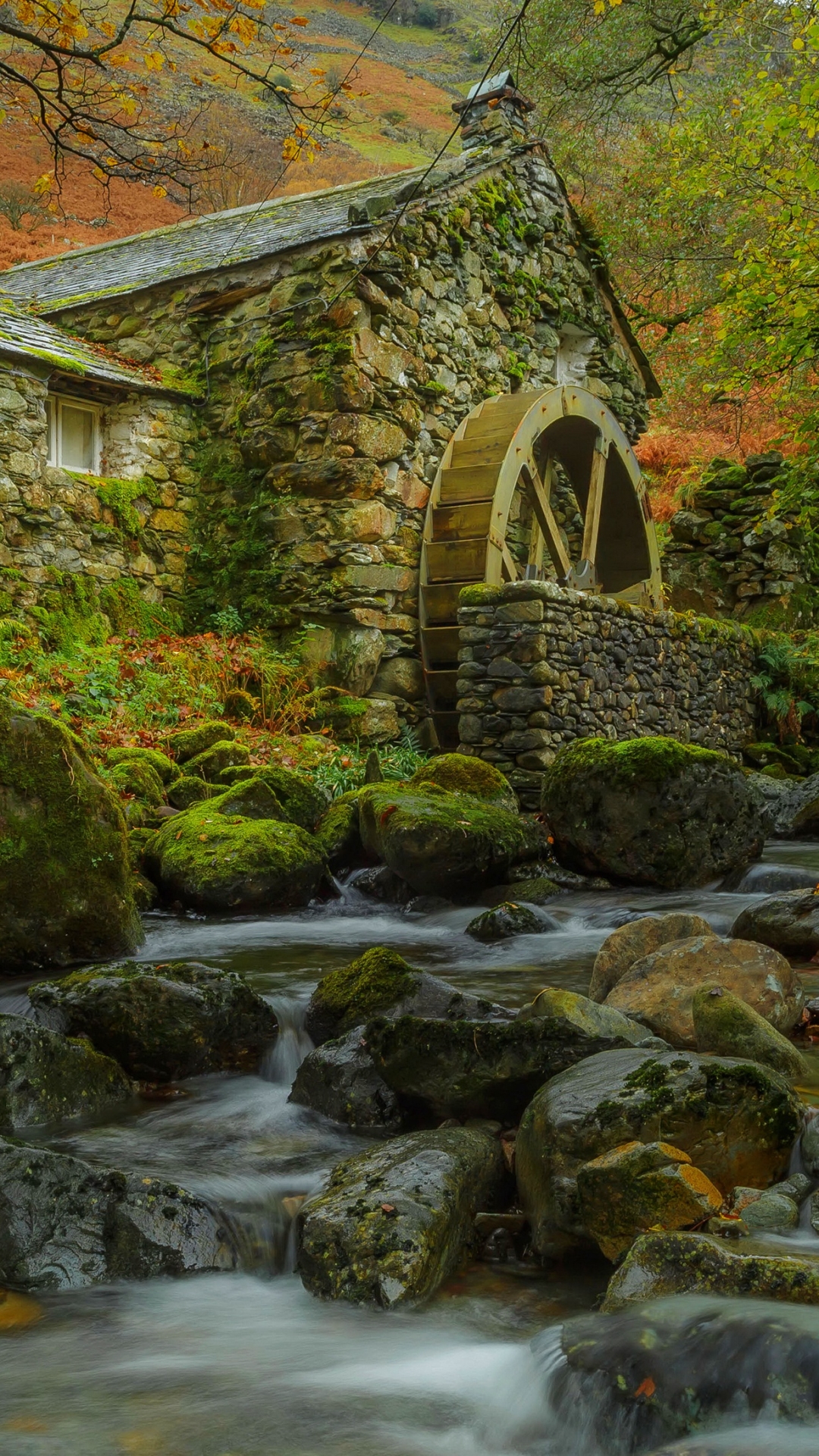 Download mobile wallpaper Forest, Stone, Moss, Stream, Man Made, Watermill for free.