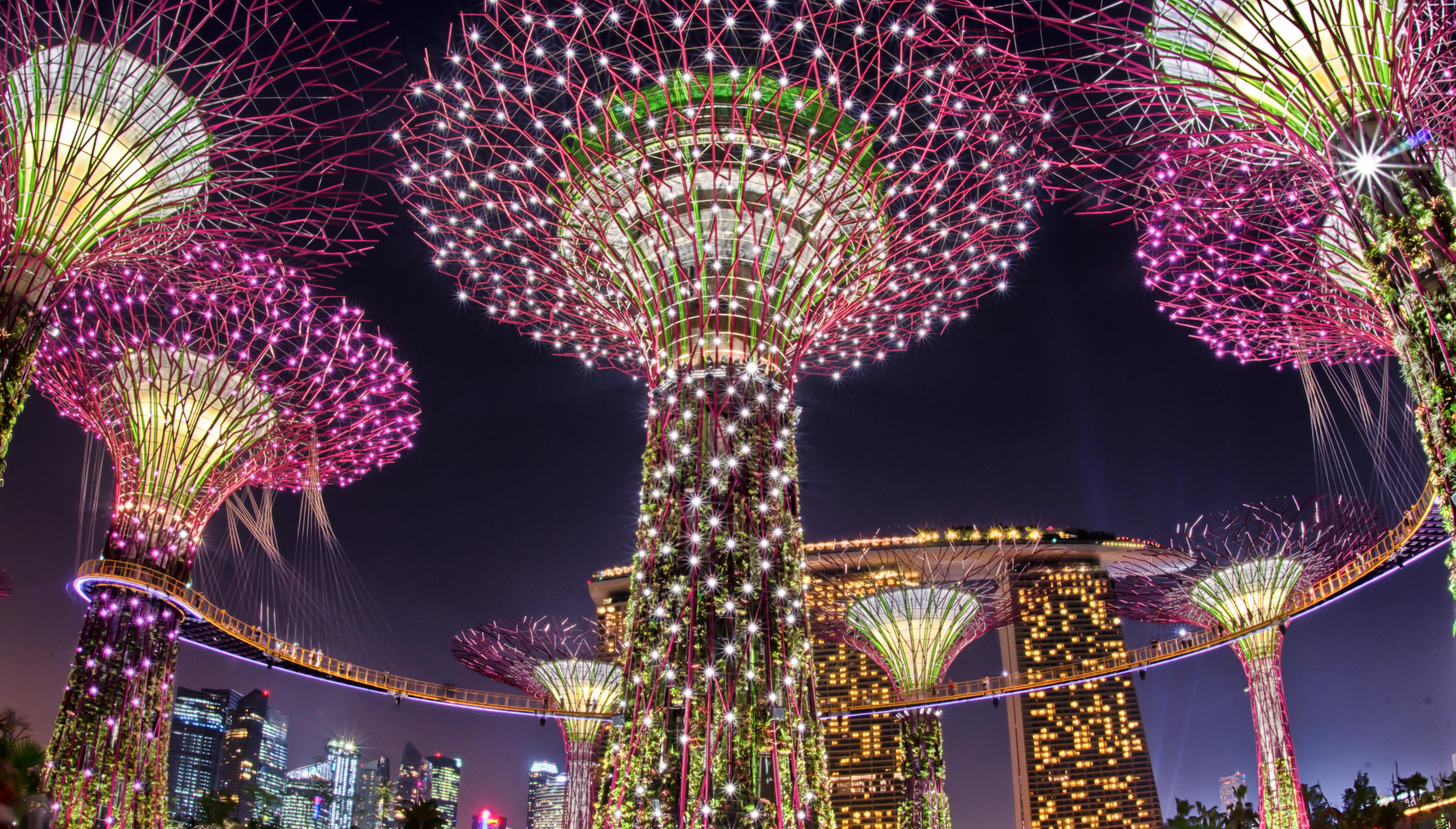 Laden Sie das Licht, Bunt, Singapur, Nacht, Menschengemacht, Marina Bay Sands-Bild kostenlos auf Ihren PC-Desktop herunter