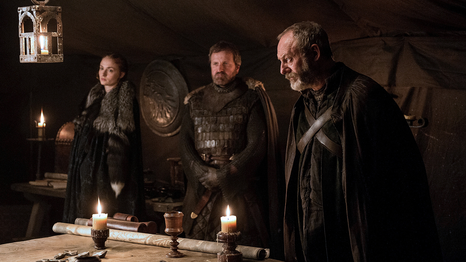 Laden Sie das Fernsehserien, Game Of Thrones: Das Lied Von Eis Und Feuer, Sansa Stark, Davos Seewert, Liam Cunningham, Sophie Turner-Bild kostenlos auf Ihren PC-Desktop herunter