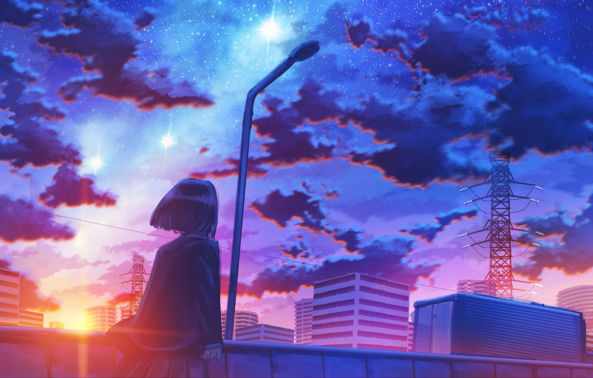 Laden Sie das Original, Sonnenuntergang, Animes, Großstadt, Sternenklarer Himmel-Bild kostenlos auf Ihren PC-Desktop herunter
