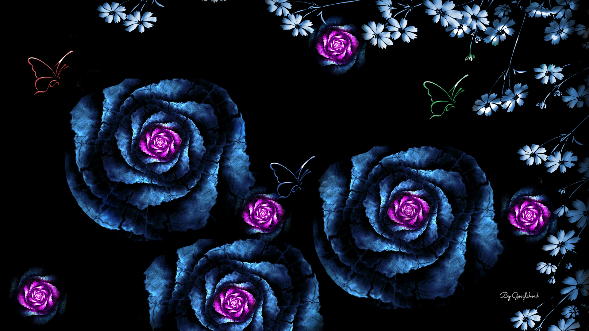 Скачать обои бесплатно Роза, Синий, Бабочка, Фиолетовый Цветок, Художественные картинка на рабочий стол ПК