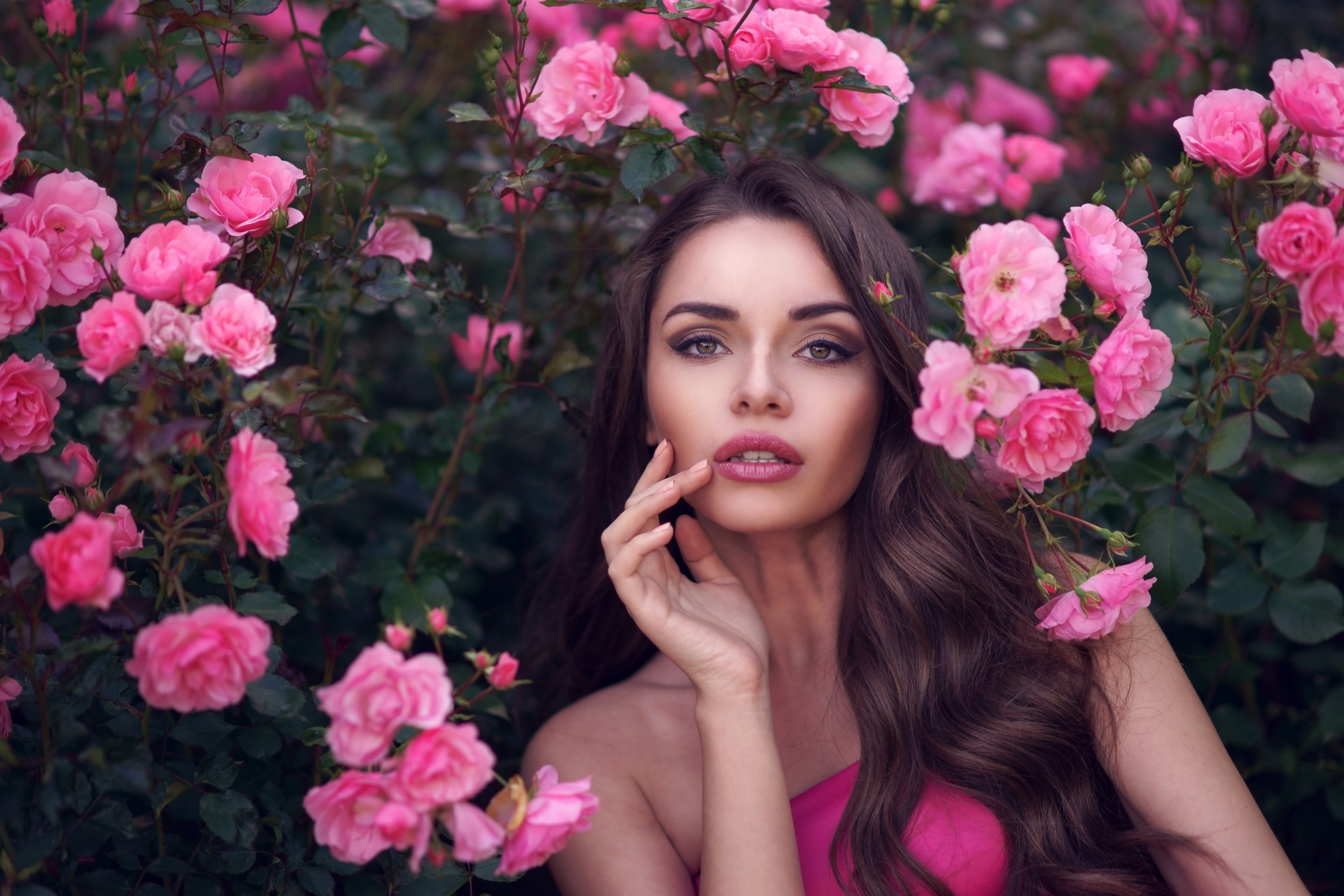 768446 завантажити шпалери жінки, модель, брюнетка, обличчя, квітка, губна помада, рожева квітка, трояндовий кущ, роза - заставки і картинки безкоштовно