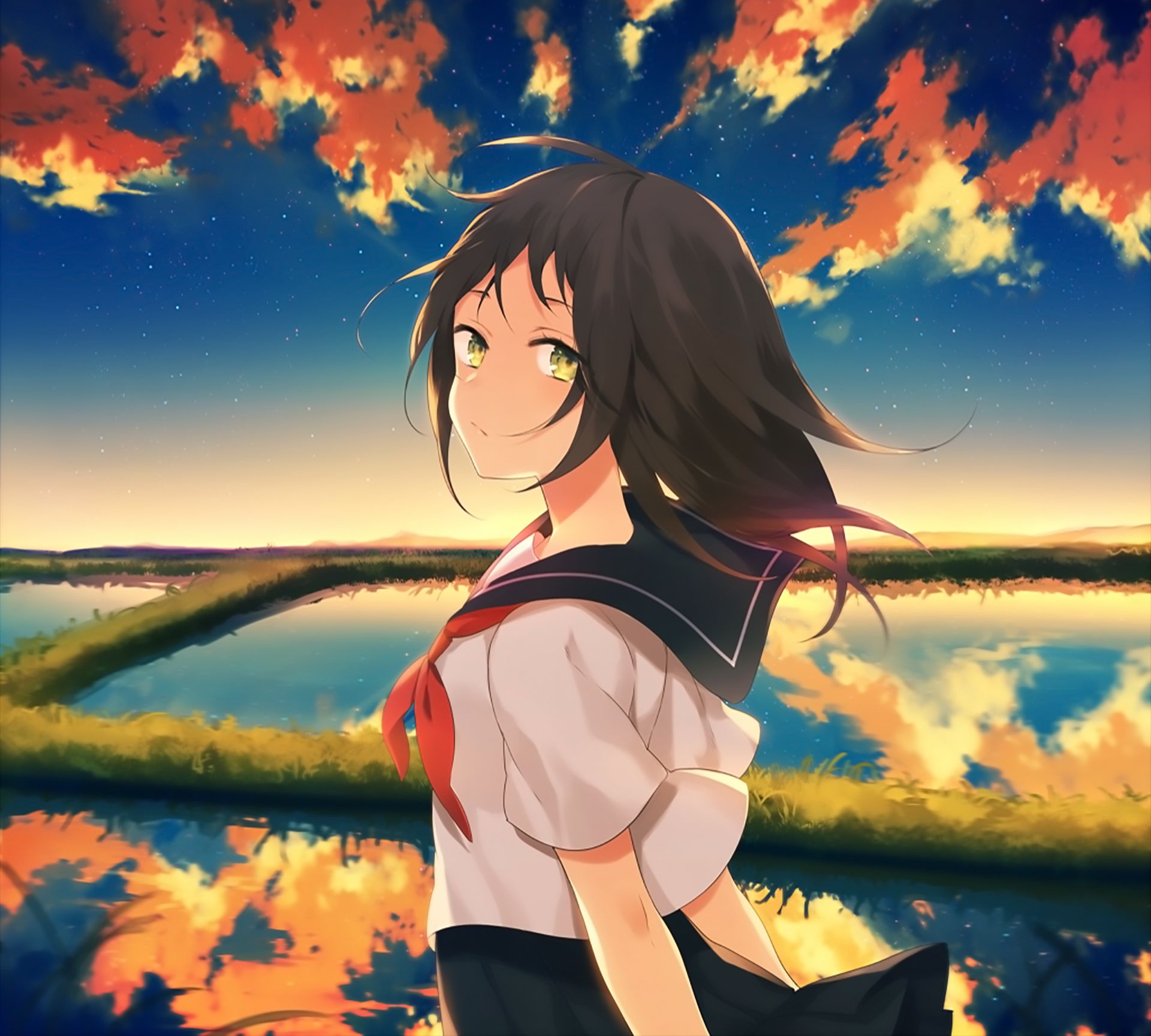Free download wallpaper Anime, Sky, Field, Cloud, Countryside, Schoolgirl, Original, School Uniform on your PC desktop