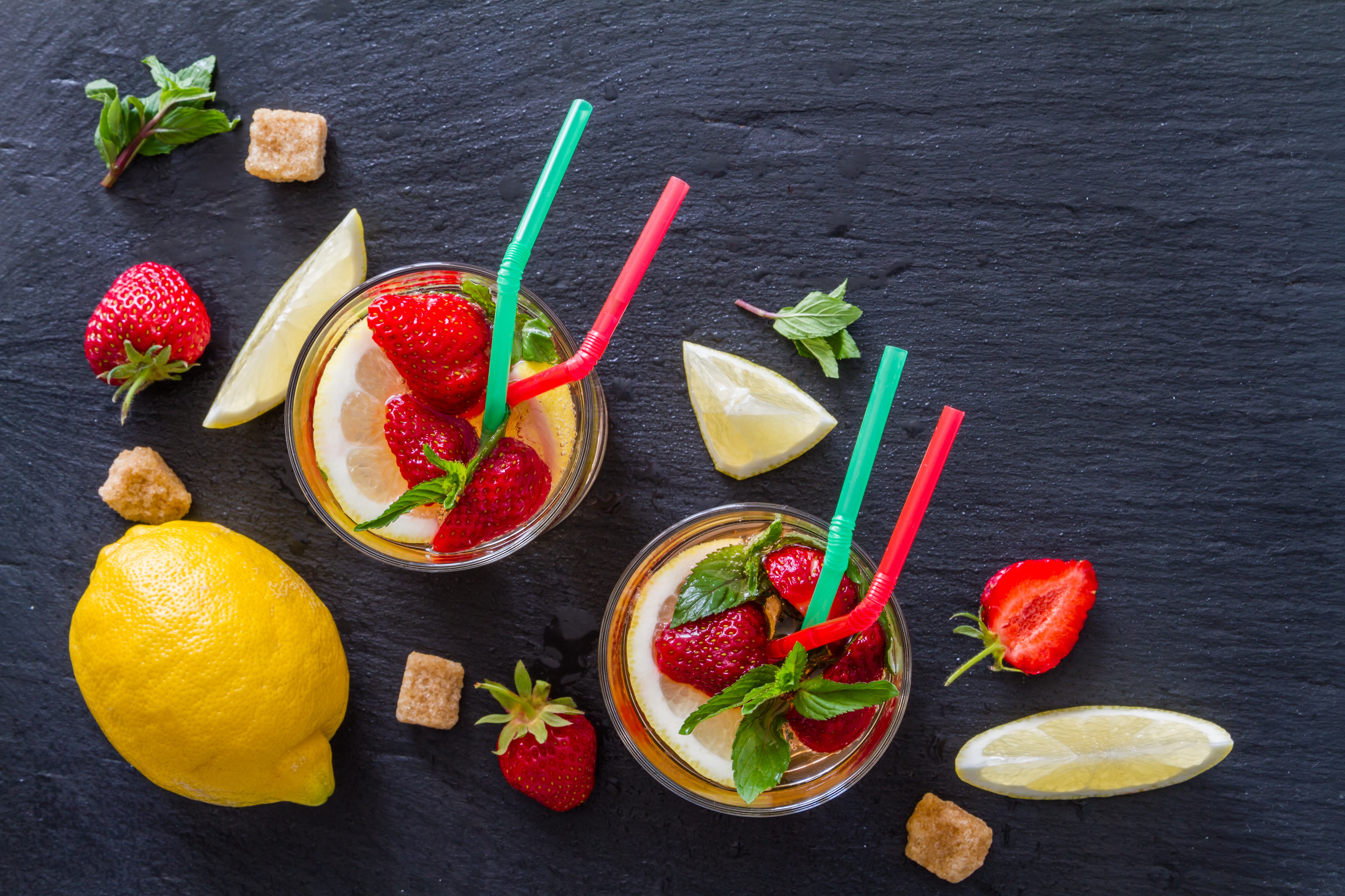 Download mobile wallpaper Food, Strawberry, Still Life, Berry, Lemon, Drink, Glasses for free.
