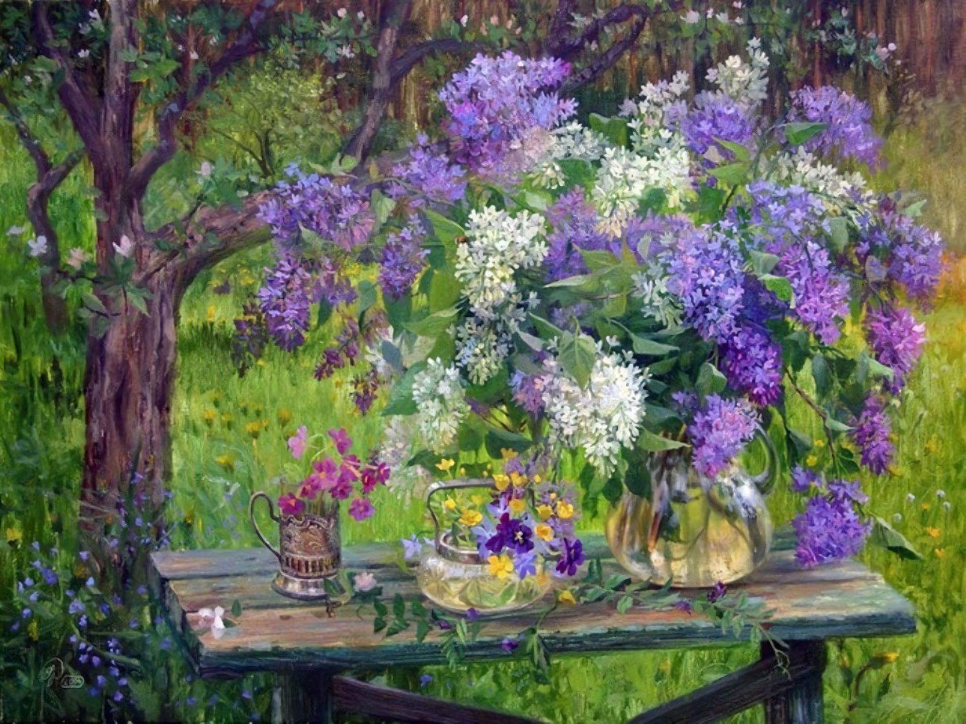 Download mobile wallpaper Lilac, Still Life, Forest, Painting, Spring, Artistic for free.