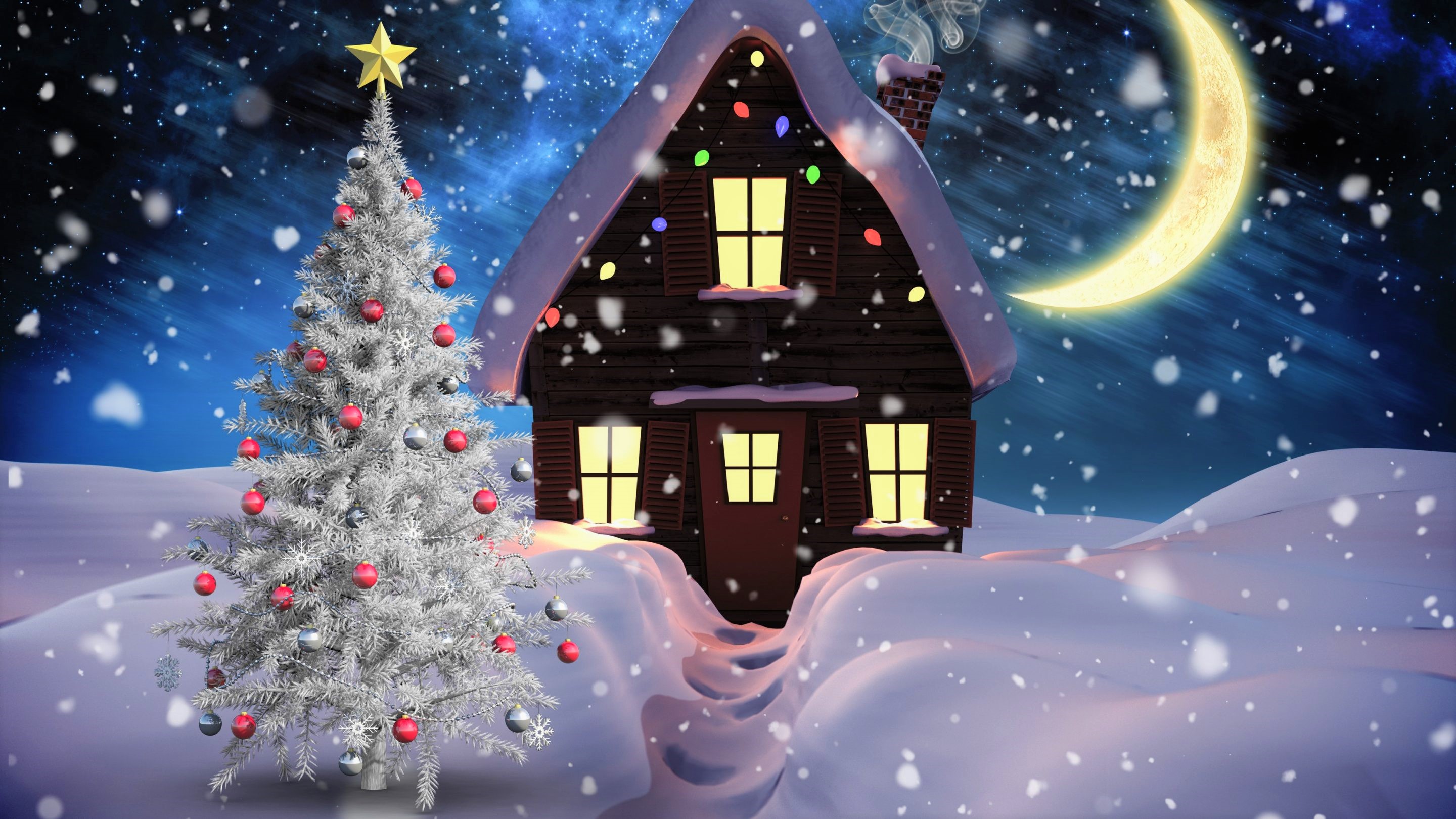 872770 Hintergrundbild herunterladen feiertage, weihnachten, weihnachtsbaum, halbmond, haus, mond, schnee, schneefall - Bildschirmschoner und Bilder kostenlos
