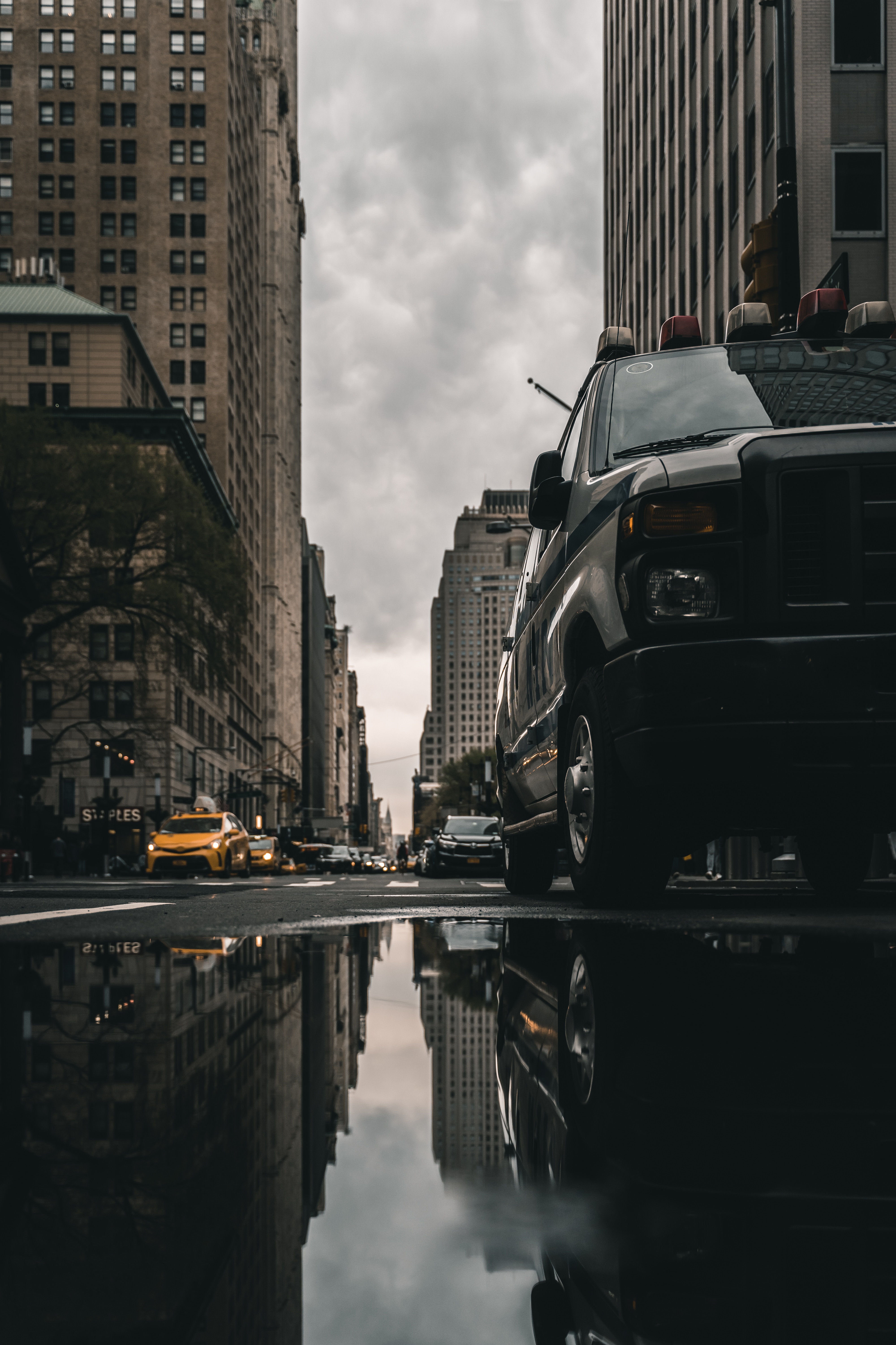 asphalt, reflection, street, cities, building, cars, puddle