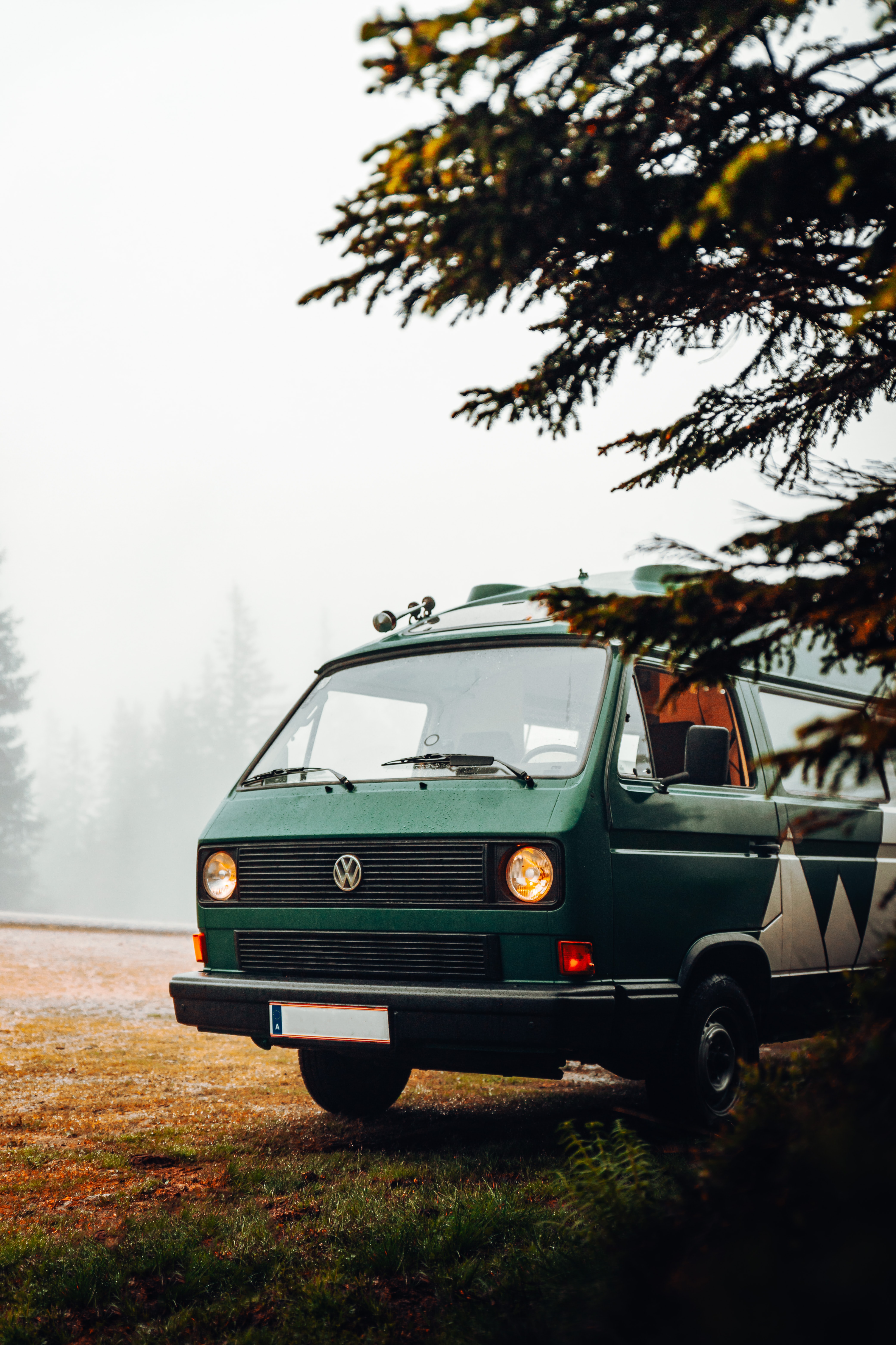 campsite, nature, volkswagen, cars, green, fog, car, camping, van