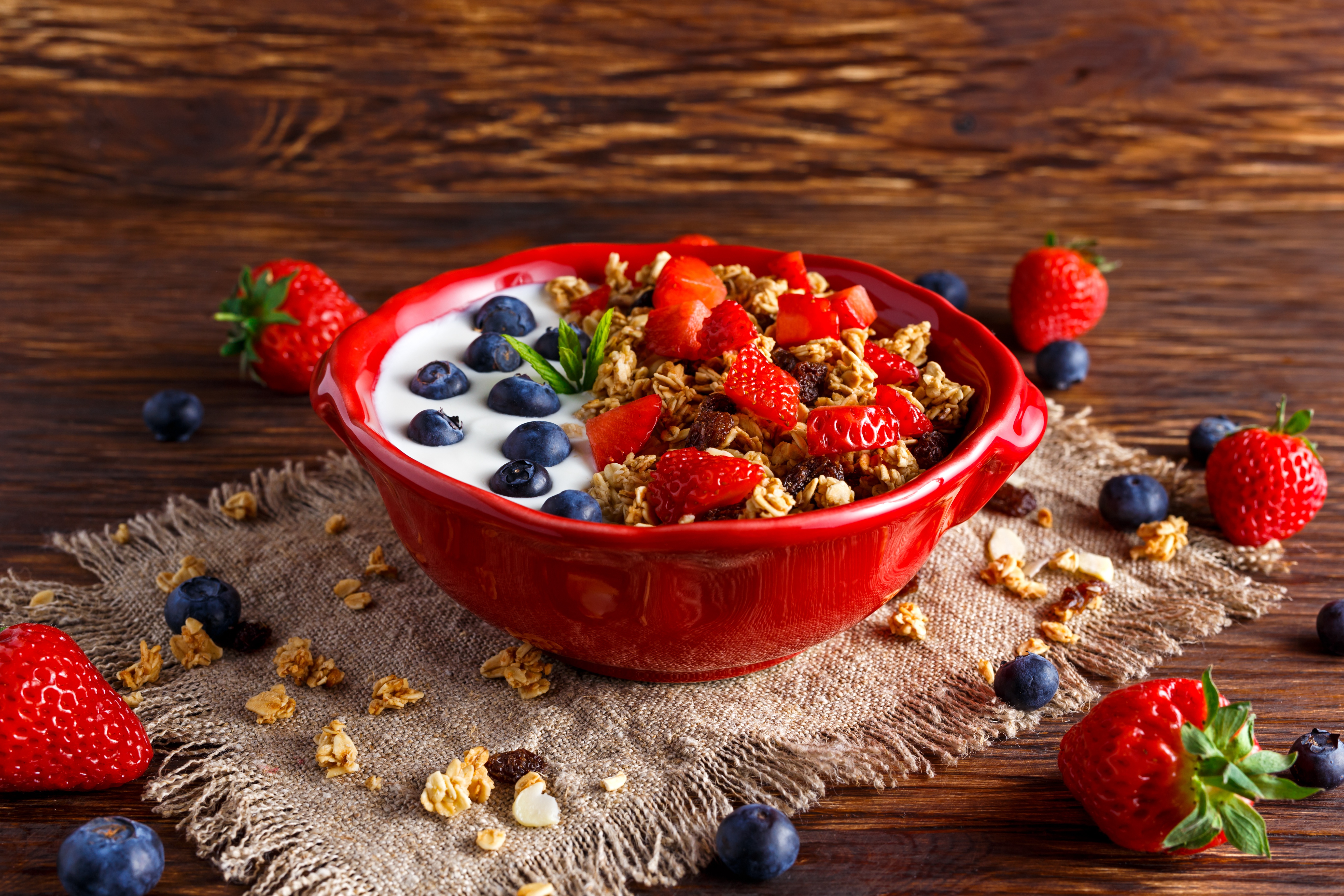 Download mobile wallpaper Food, Strawberry, Blueberry, Still Life, Berry, Fruit, Muesli, Breakfast for free.