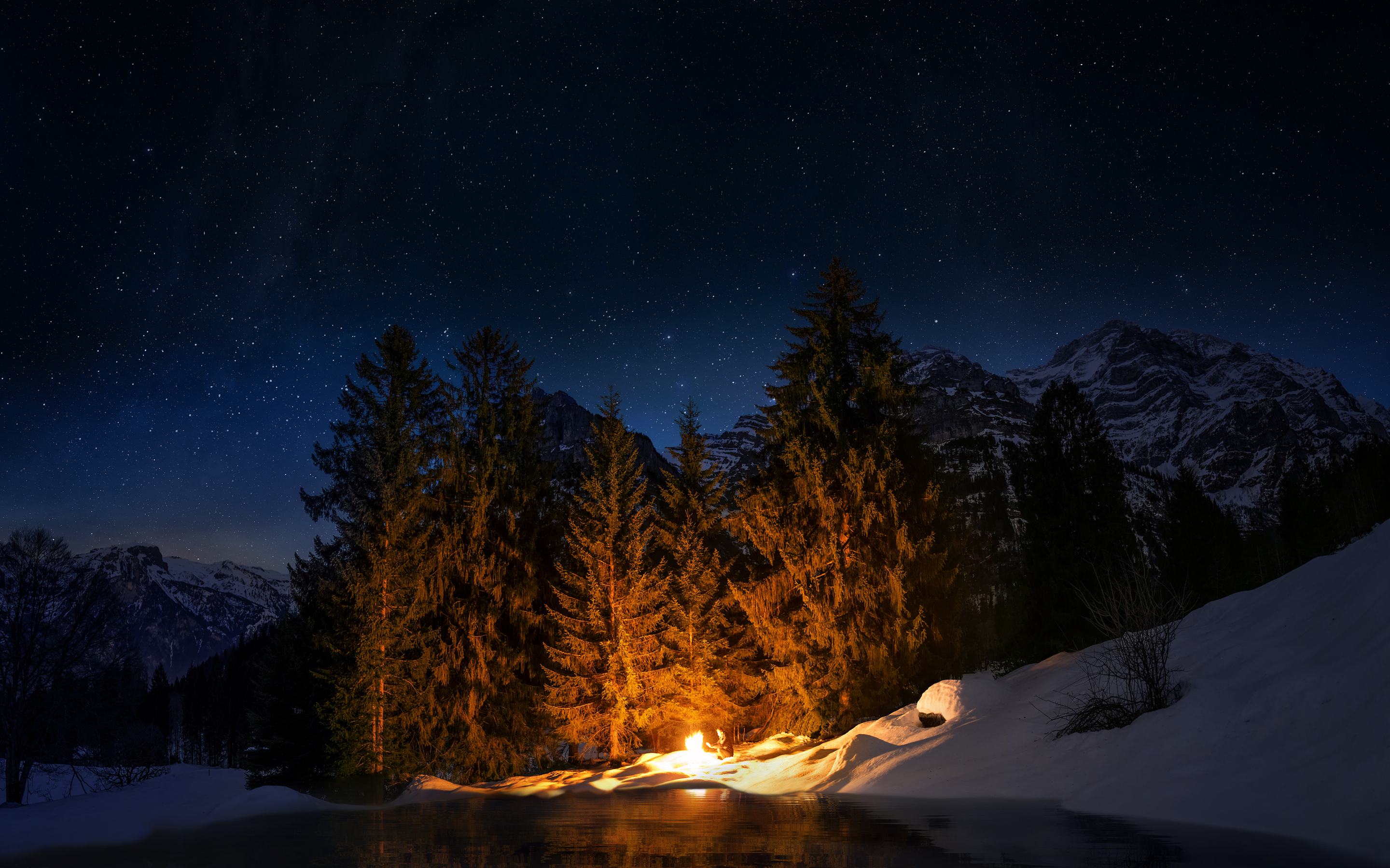 Download mobile wallpaper Winter, Nature, Bonfire, Night, Forest, Photography for free.