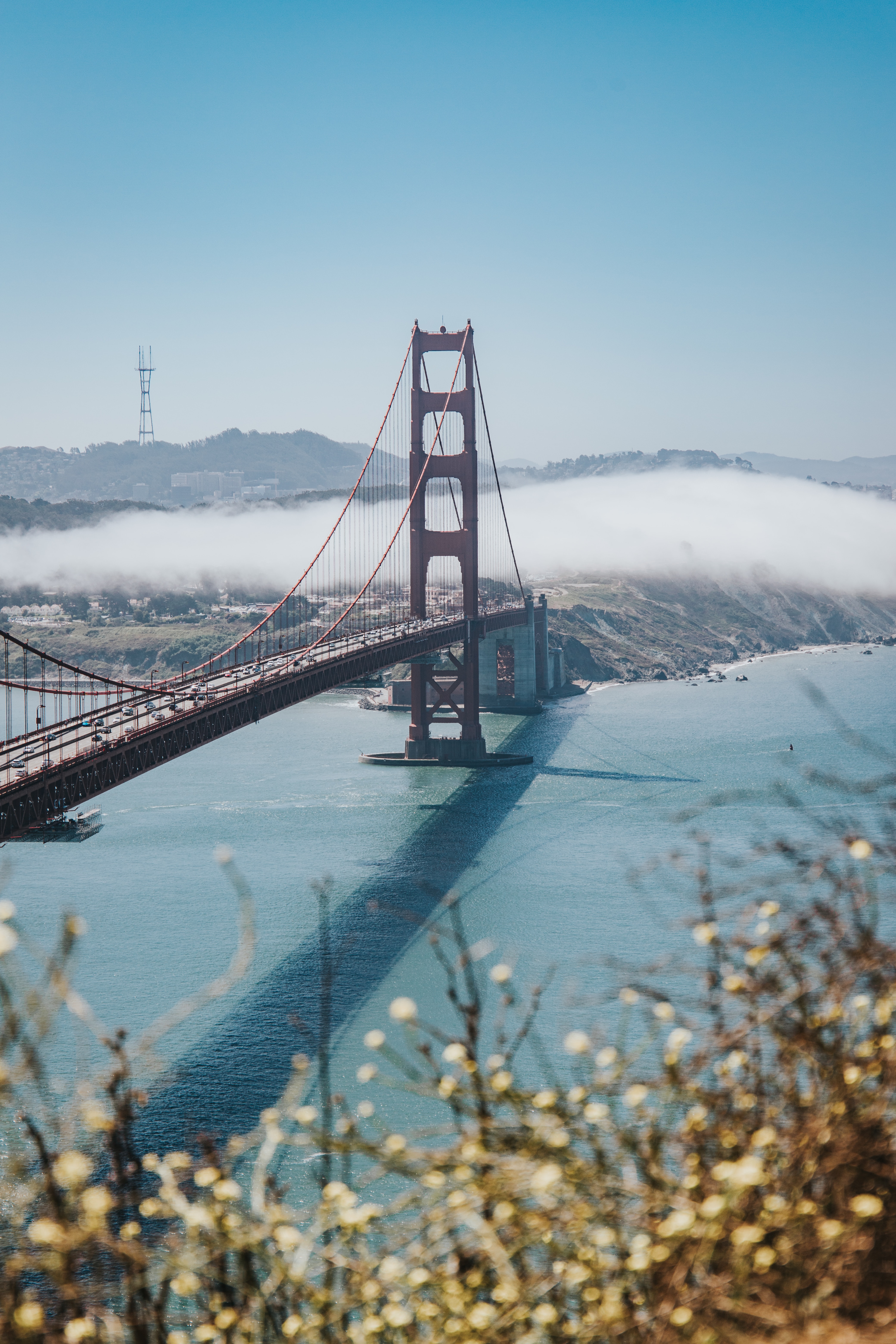 Download mobile wallpaper Strait, Bridge, Fog, Cities, Coast, View From Above for free.