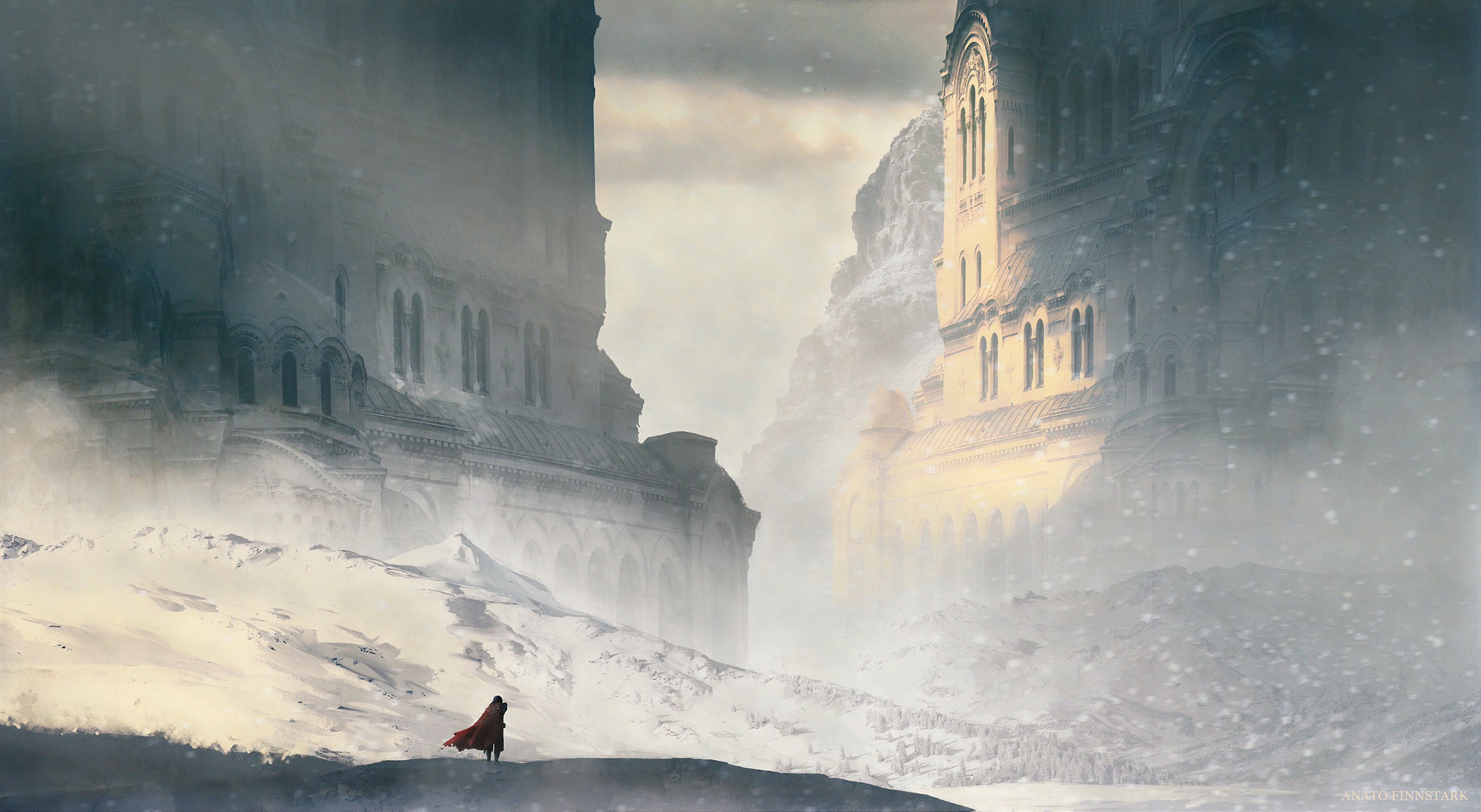 Download mobile wallpaper Landscape, Fantasy, Building, Snowfall for free.