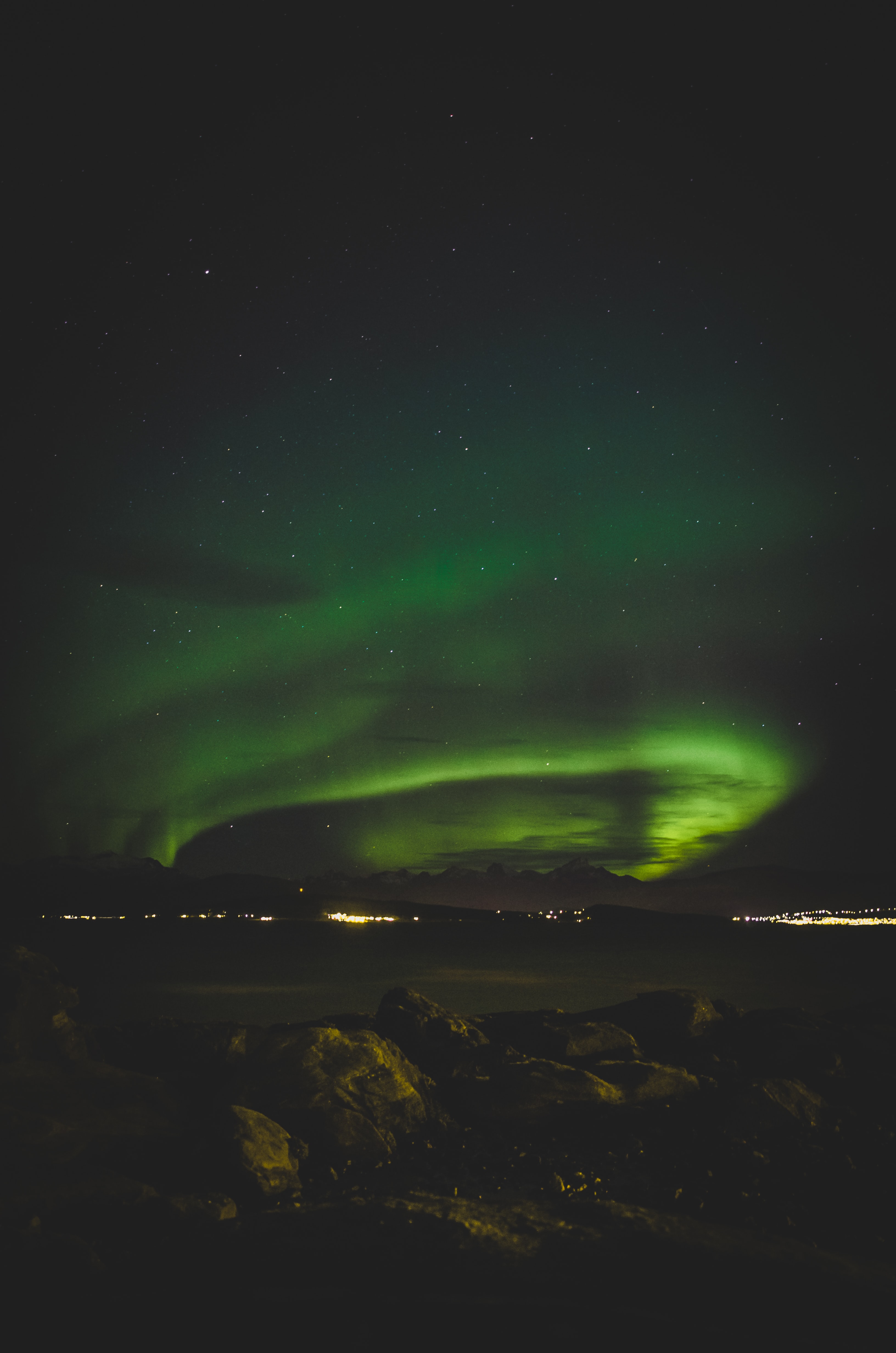 aurora borealis, northern lights, lights, stones, dark