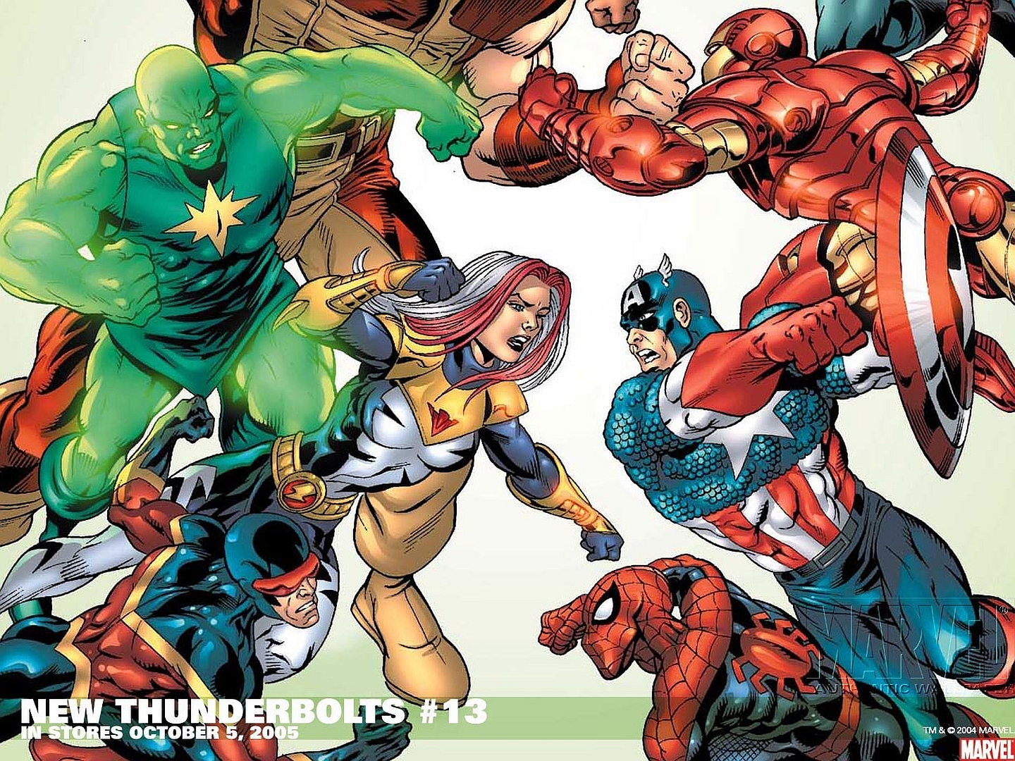 Скачати мобільні шпалери Людина Павук, Залізна Людина, Капітан Америка, Комікси, Циклоп (Комікси Marvel), Нові Thunderbolts безкоштовно.