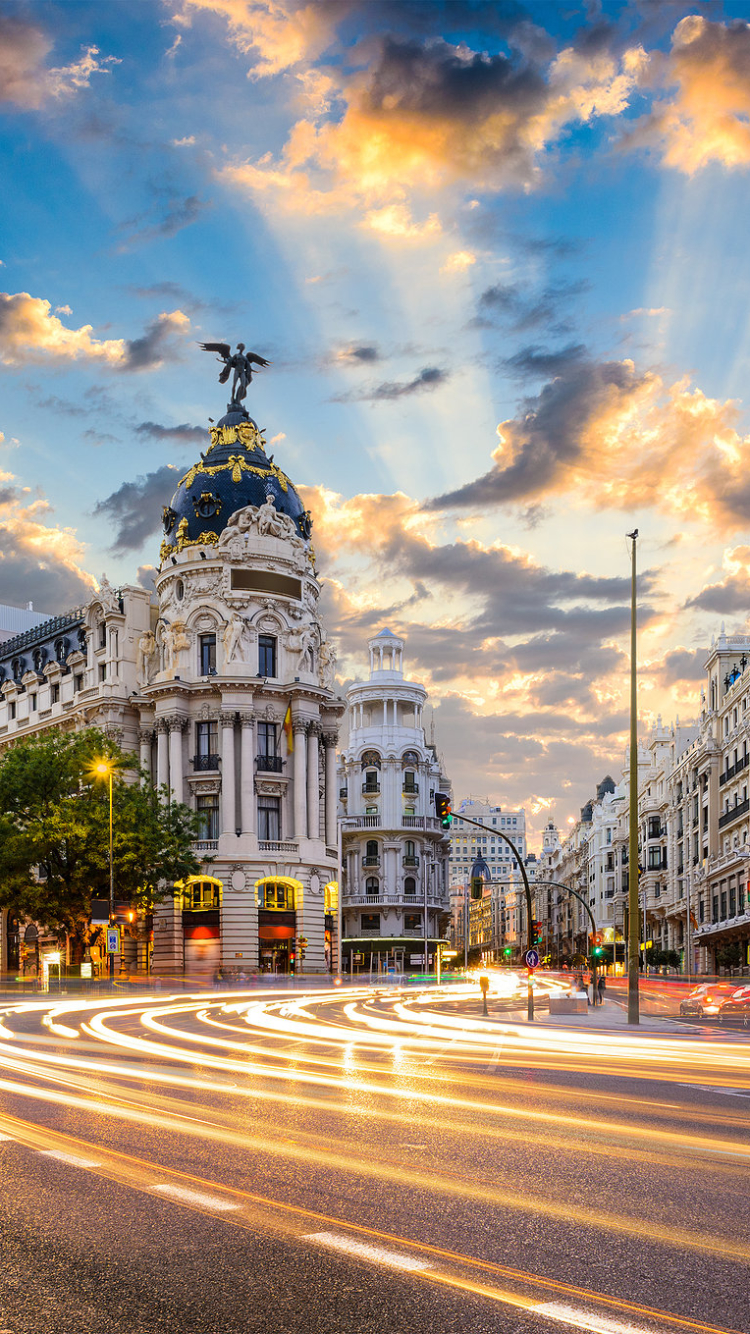 Скачати мобільні шпалери Архітектура, Місто, Будівля, Іспанія, Мадрид, Майдан, Створено Людиною, Захід Сонця безкоштовно.