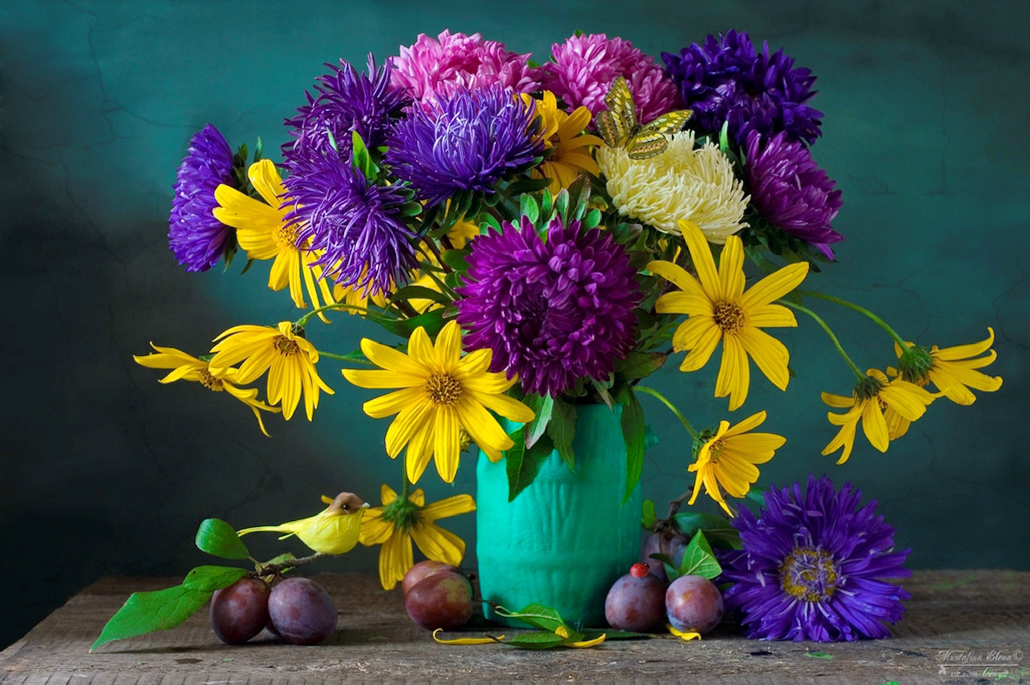 Download mobile wallpaper Grapes, Still Life, Flower, Leaf, Vase, Colorful, Photography, Yellow Flower, Purple Flower for free.