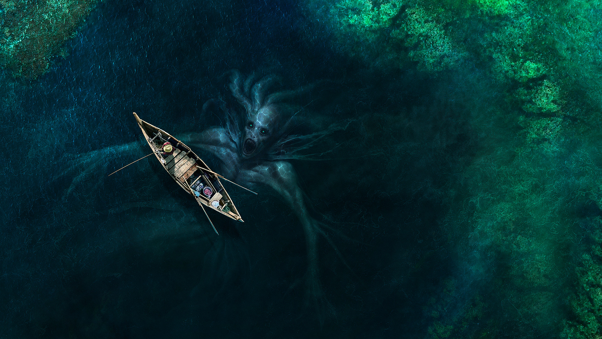 Download mobile wallpaper Fantasy, Dark, Boat, Sea Monster for free.