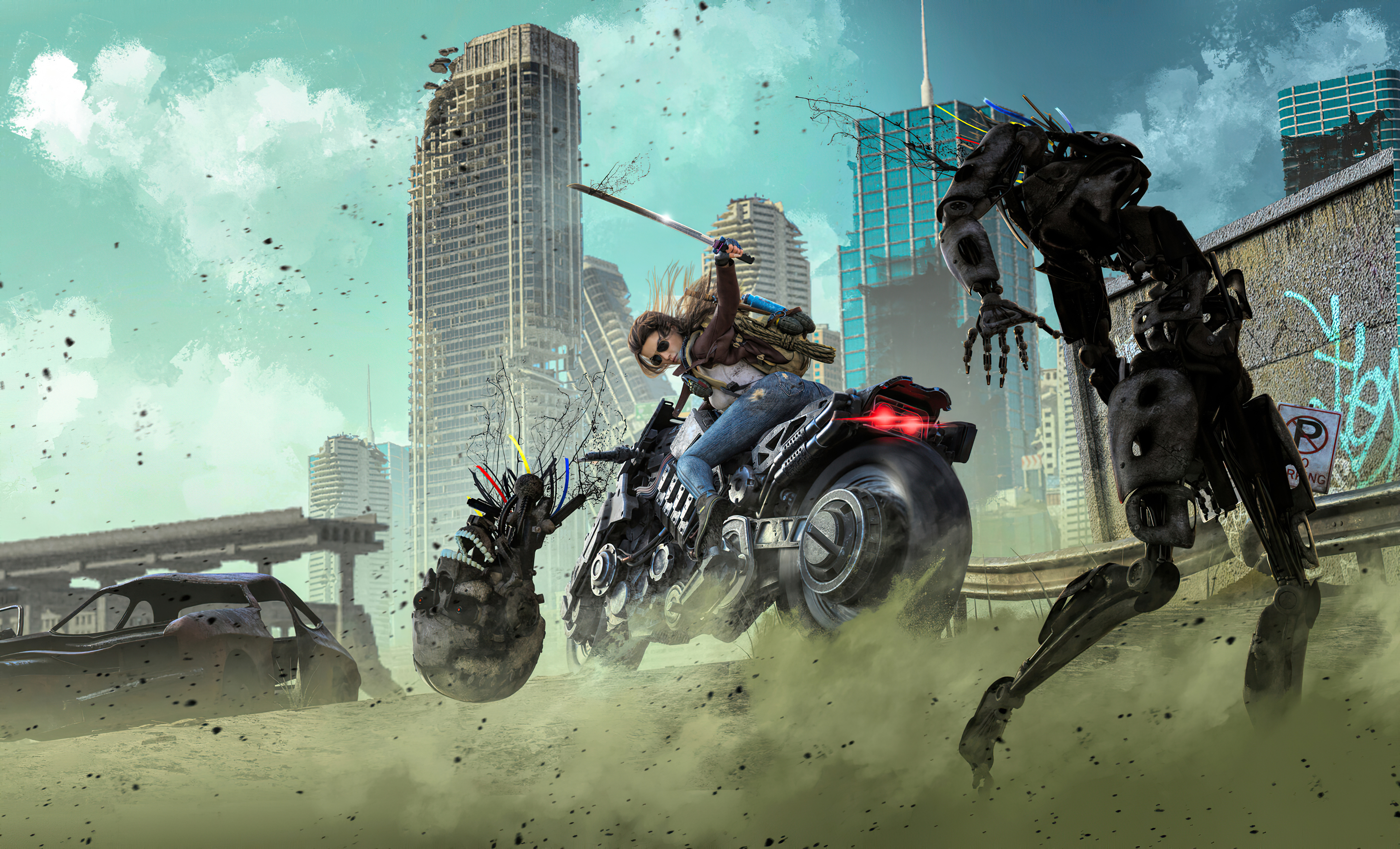 Download mobile wallpaper Motorcycle, Robot, Sci Fi, Sword, Vehicle, Post Apocalyptic, Woman Warrior for free.