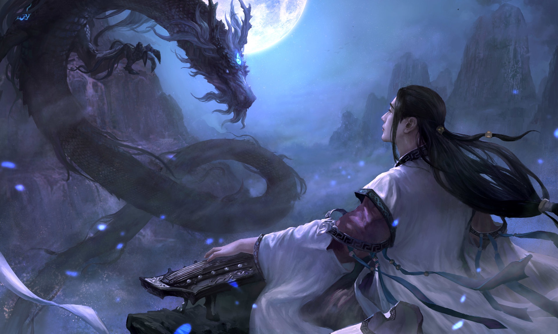 Free download wallpaper Fantasy, Night, Moon, Dragon, Oriental, Instrument on your PC desktop