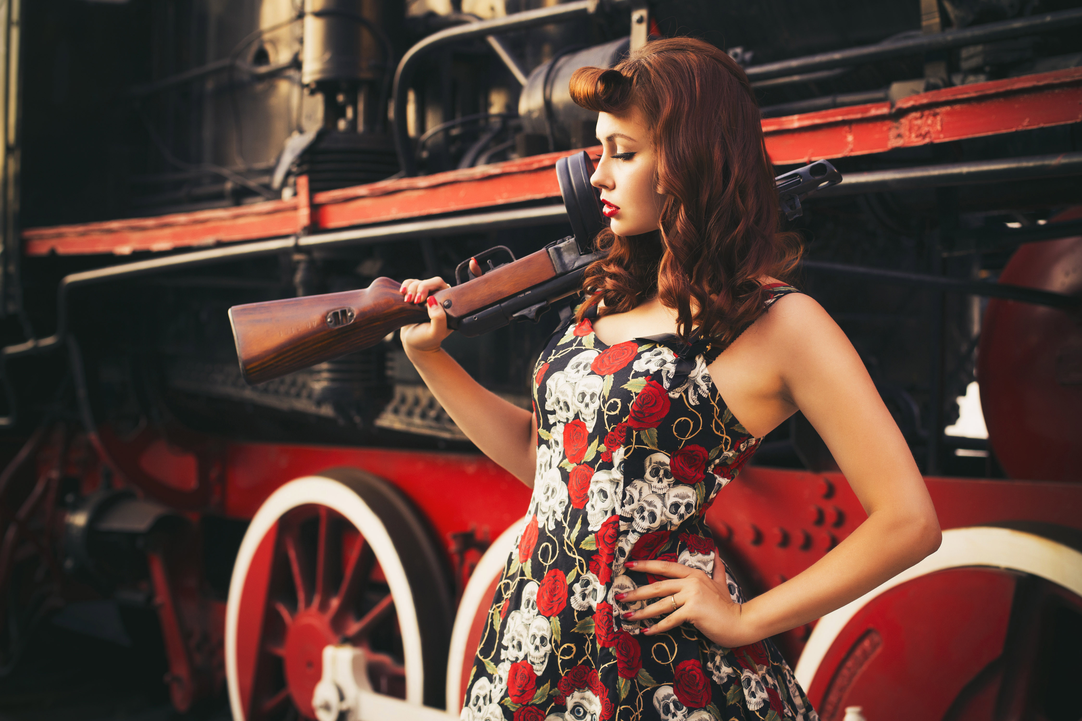 Download mobile wallpaper Redhead, Dress, Model, Women, Lipstick, Girls & Guns, Machine Gun for free.