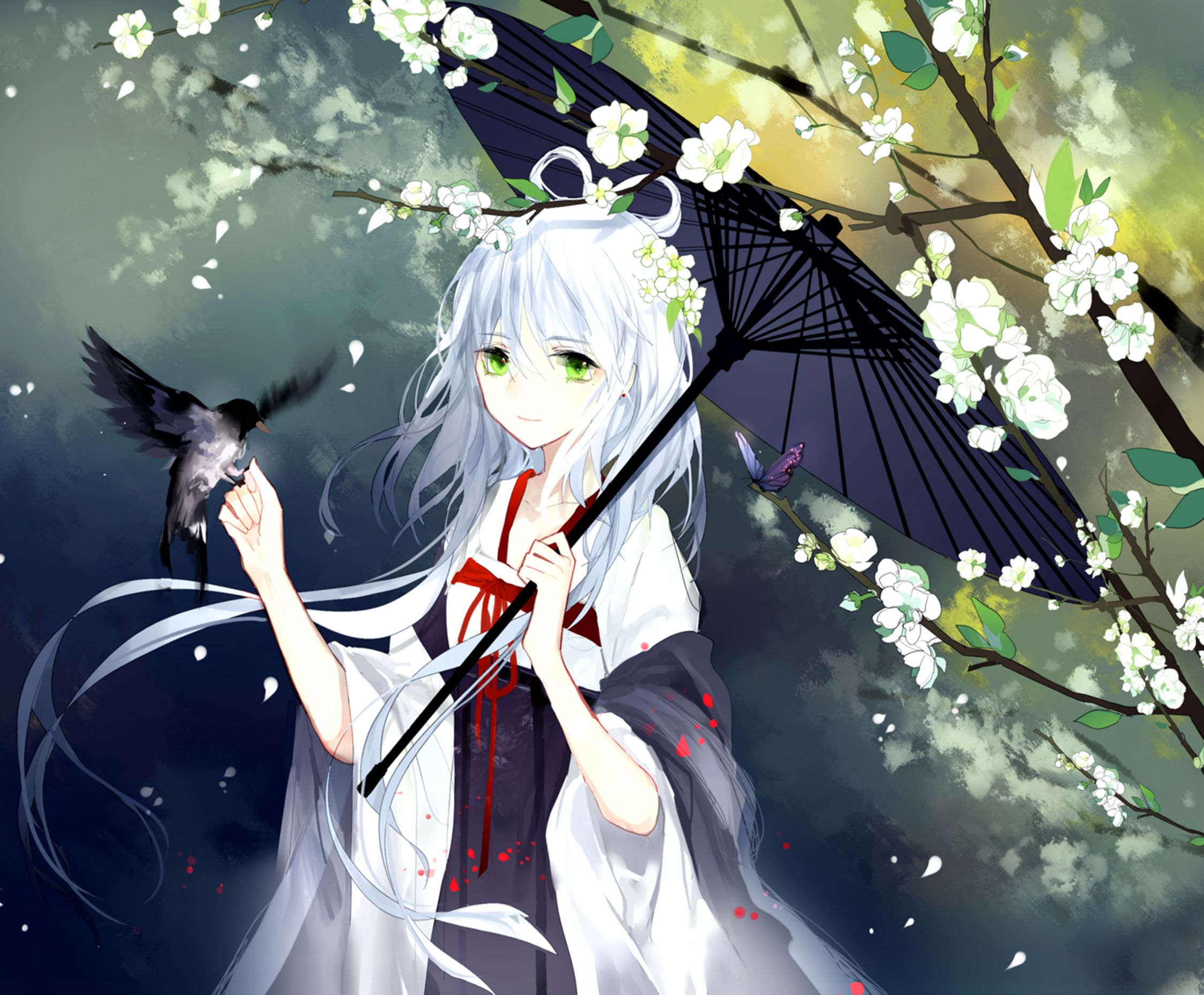Handy-Wallpaper Blume, Vogel, Regenschirm, Grüne Augen, Original, Animes, Weißes Haar kostenlos herunterladen.