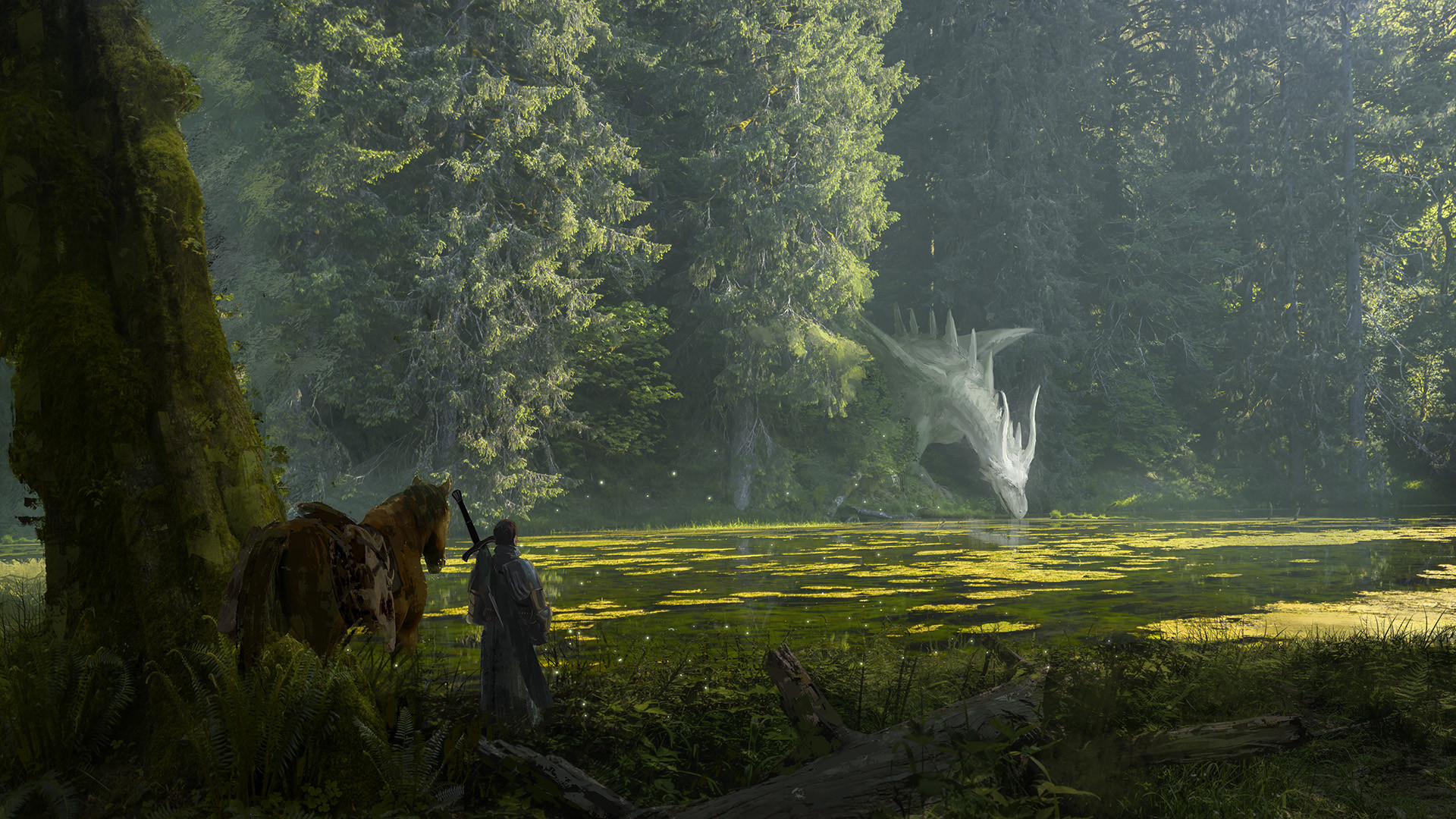 Free download wallpaper Fantasy, Forest, Dragon, Horse, River on your PC desktop