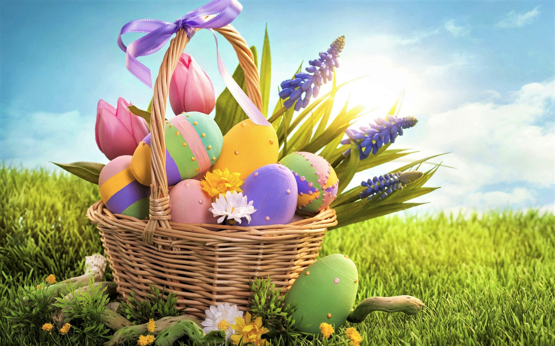 Free download wallpaper Easter, Holiday, Colorful, Basket, Ribbon, Easter Egg on your PC desktop