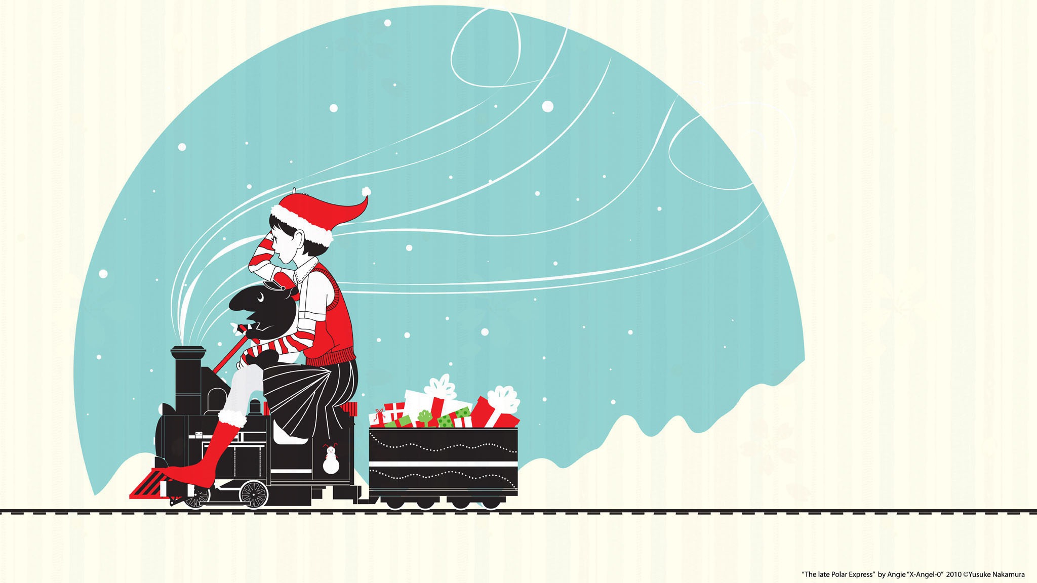 Скачать картинку Подарки, Ребёнок, Шляпа Санты, Рождество, Поезд, Праздничные в телефон бесплатно.