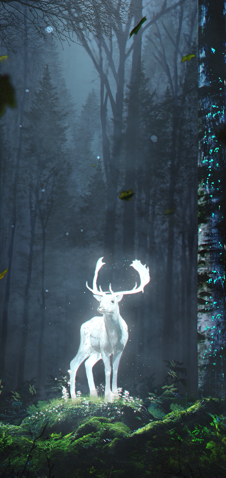 Download mobile wallpaper Fantasy, Night, Forest, Deer, Fantasy Animals for free.