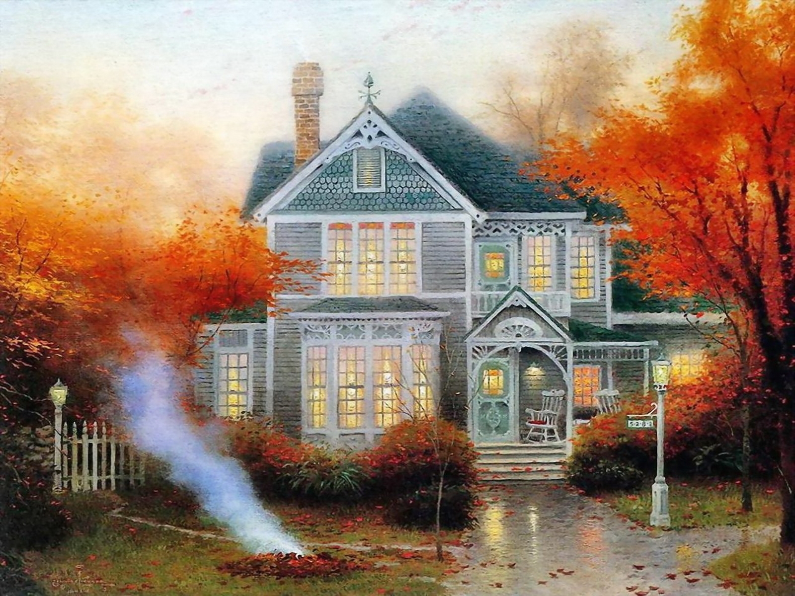 Free download wallpaper Houses, Trees, Autumn, Landscape, Art on your PC desktop