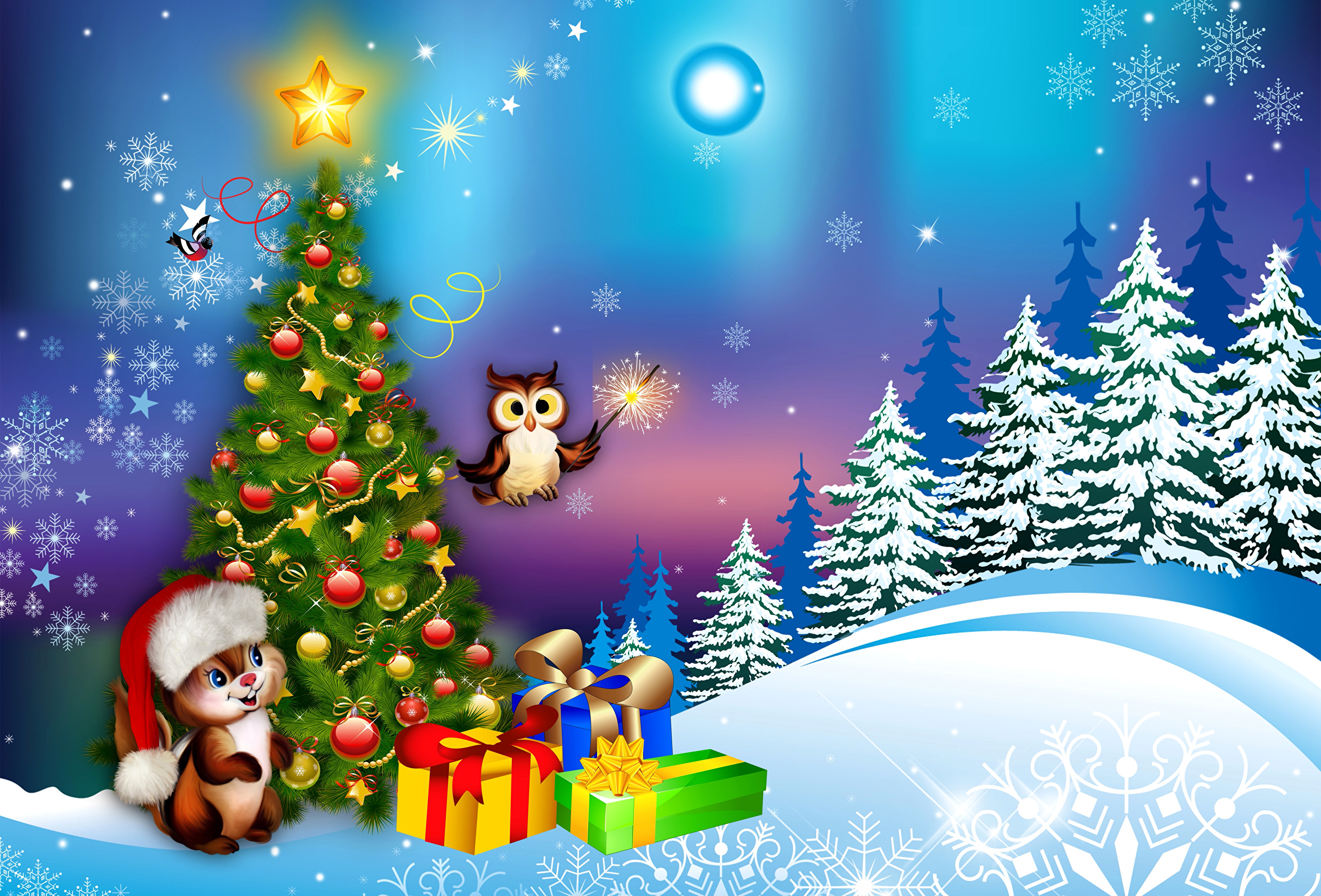 PCデスクトップにリス, フクロウ, クリスマス, 贈り物, クリスマスツリー, ホリデー画像を無料でダウンロード