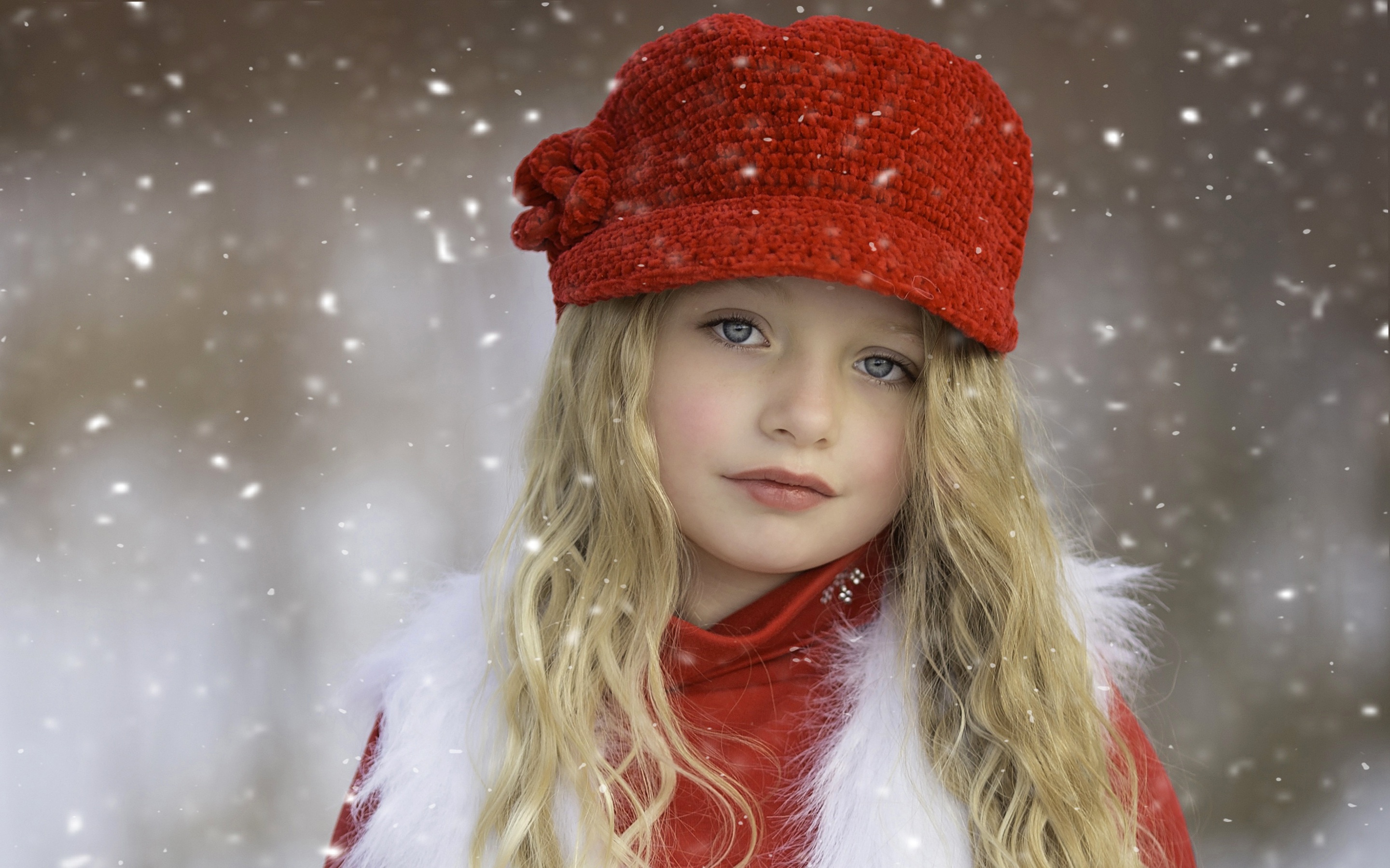 953305 скачать картинку малышка, ребенок, фотографии, блондинка, голубые глаза, милые, шляпа, снегопад - обои и заставки бесплатно