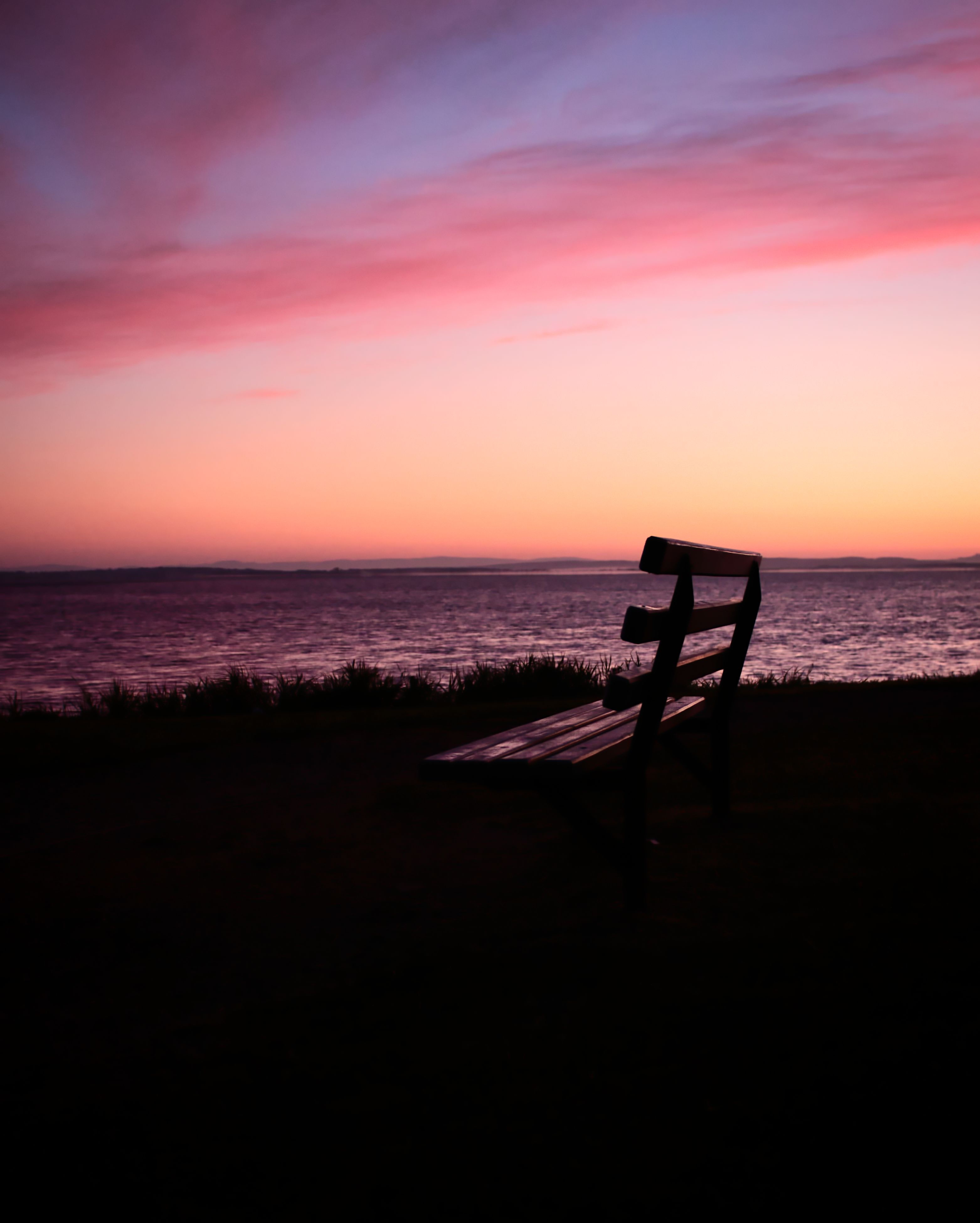 nature, sunset, sea, horizon, loneliness, bench, melancholy