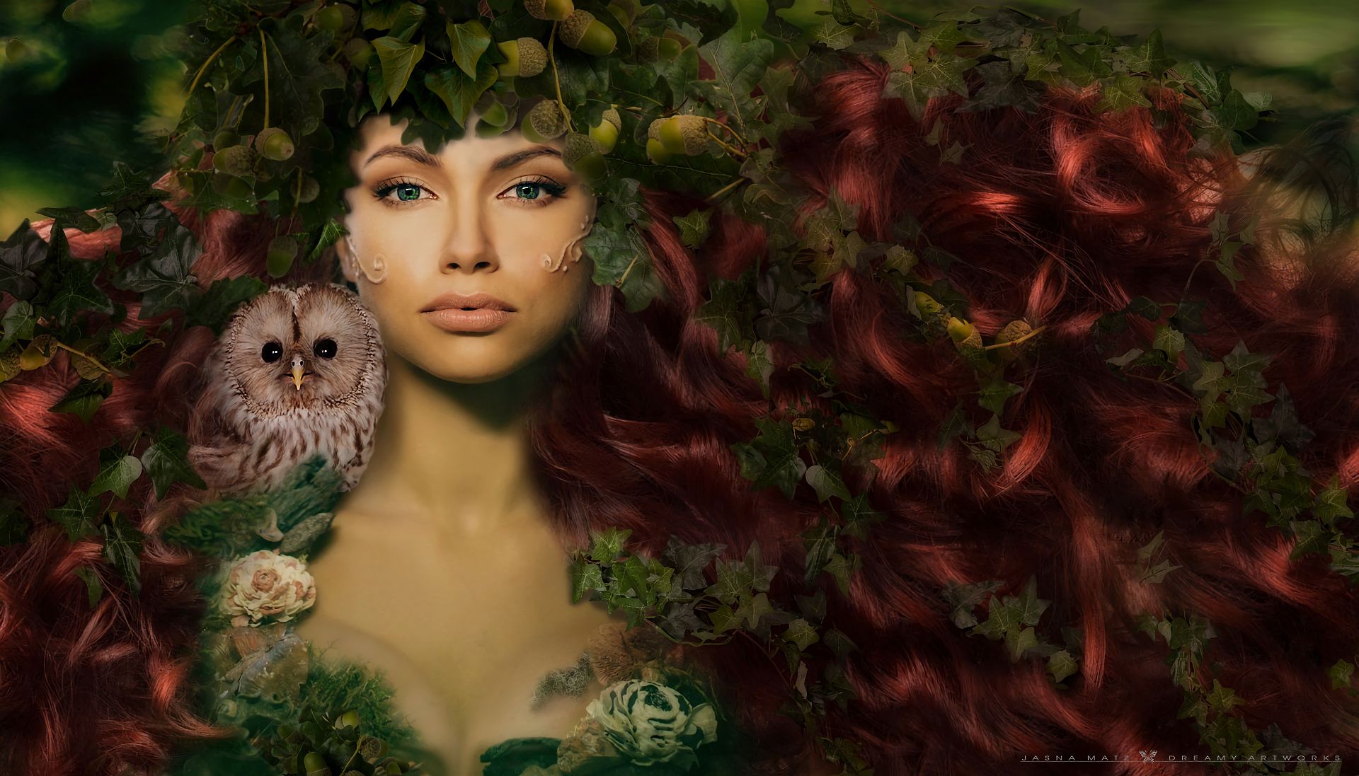 Free download wallpaper Fantasy, Owl, Tree, Leaf, Women, Green Eyes on your PC desktop