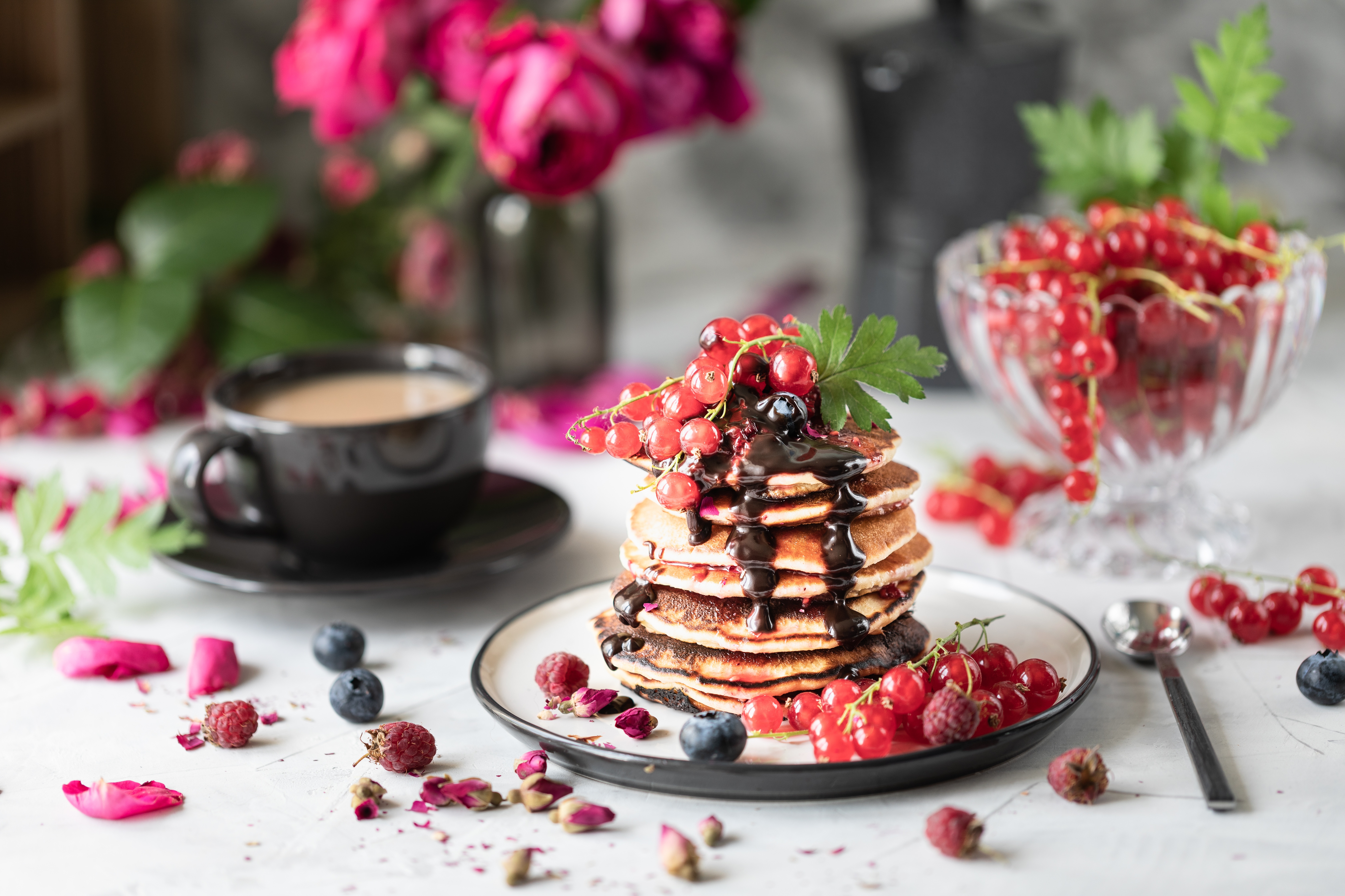 Download mobile wallpaper Food, Coffee, Cup, Berry, Fruit, Breakfast, Pancake, Currants for free.