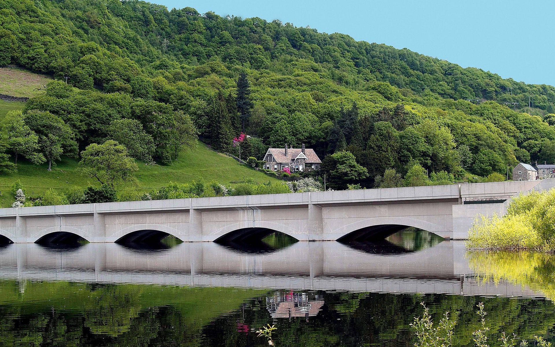 reflection, landscape, house, field, man made, bridge, concrete, forest, hill, lake, mountain, photography, river, sky, tree, water, wood, bridges