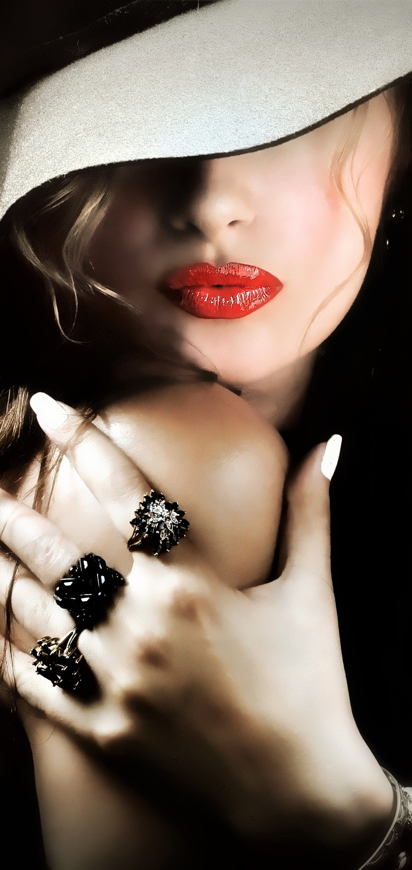 Download mobile wallpaper Ring, Face, Hat, Women, Lipstick for free.