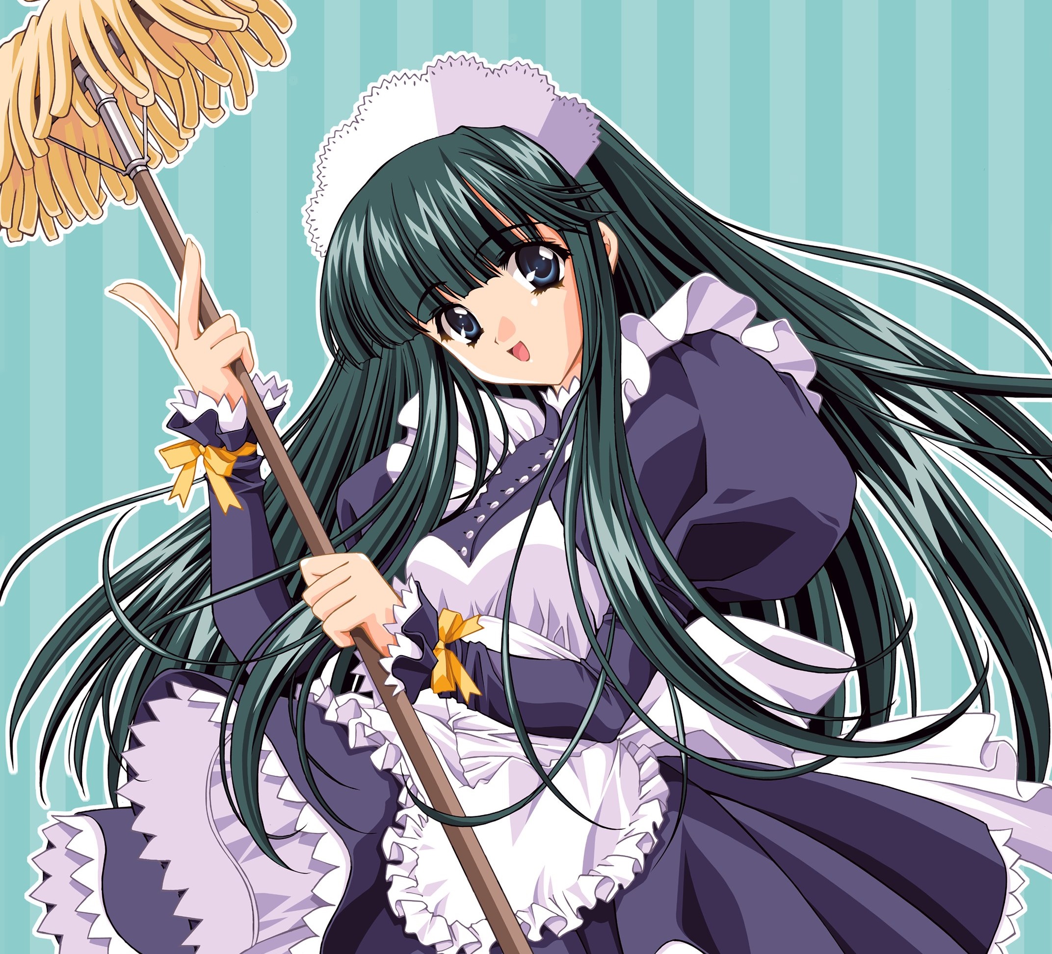 Download mobile wallpaper Anime, Smile, Blue Eyes, Original, Maid, Black Hair, Long Hair, Bow (Clothing), Apron for free.