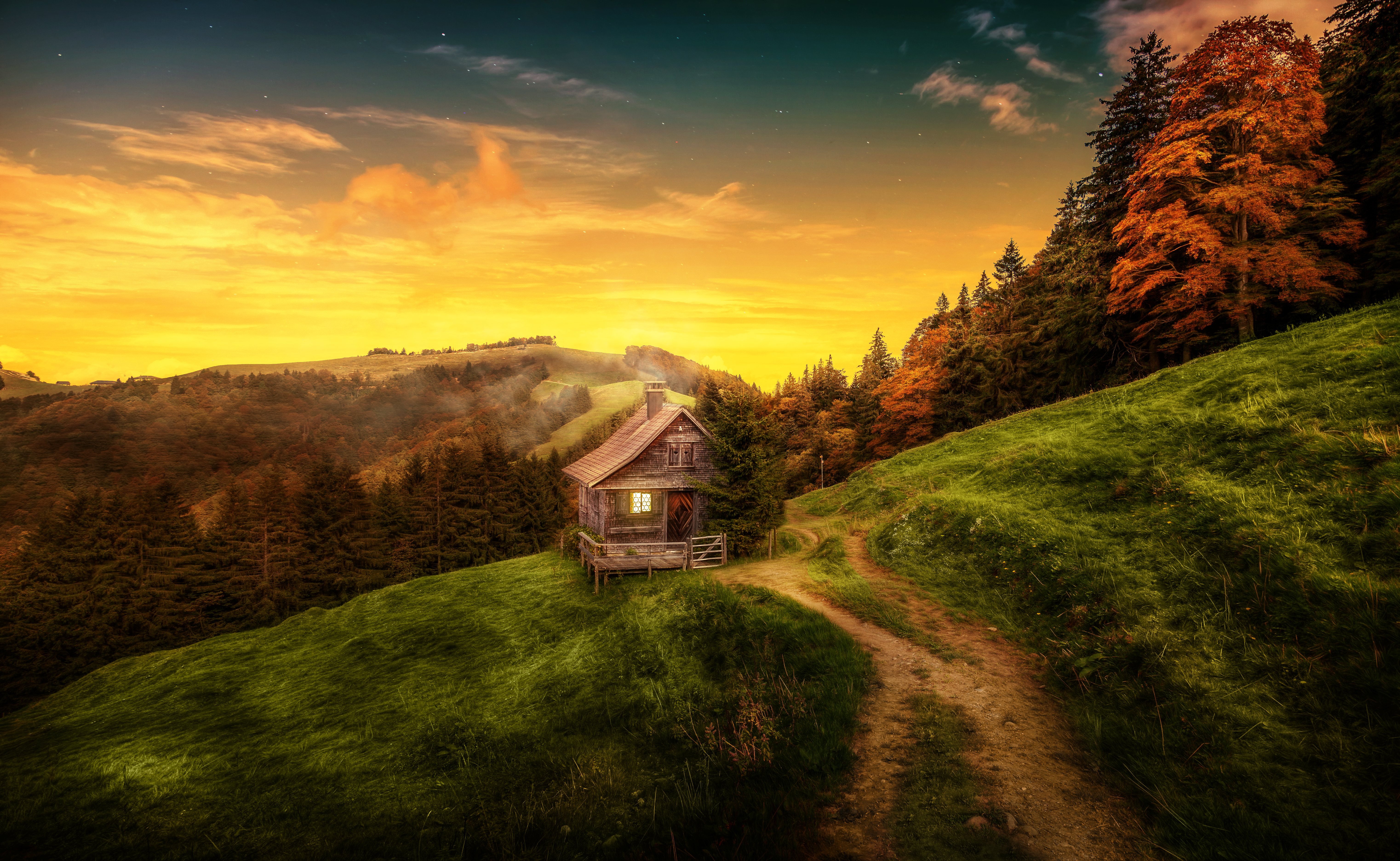 Download mobile wallpaper Landscape, Grass, Mountain, Cabin, Man Made for free.